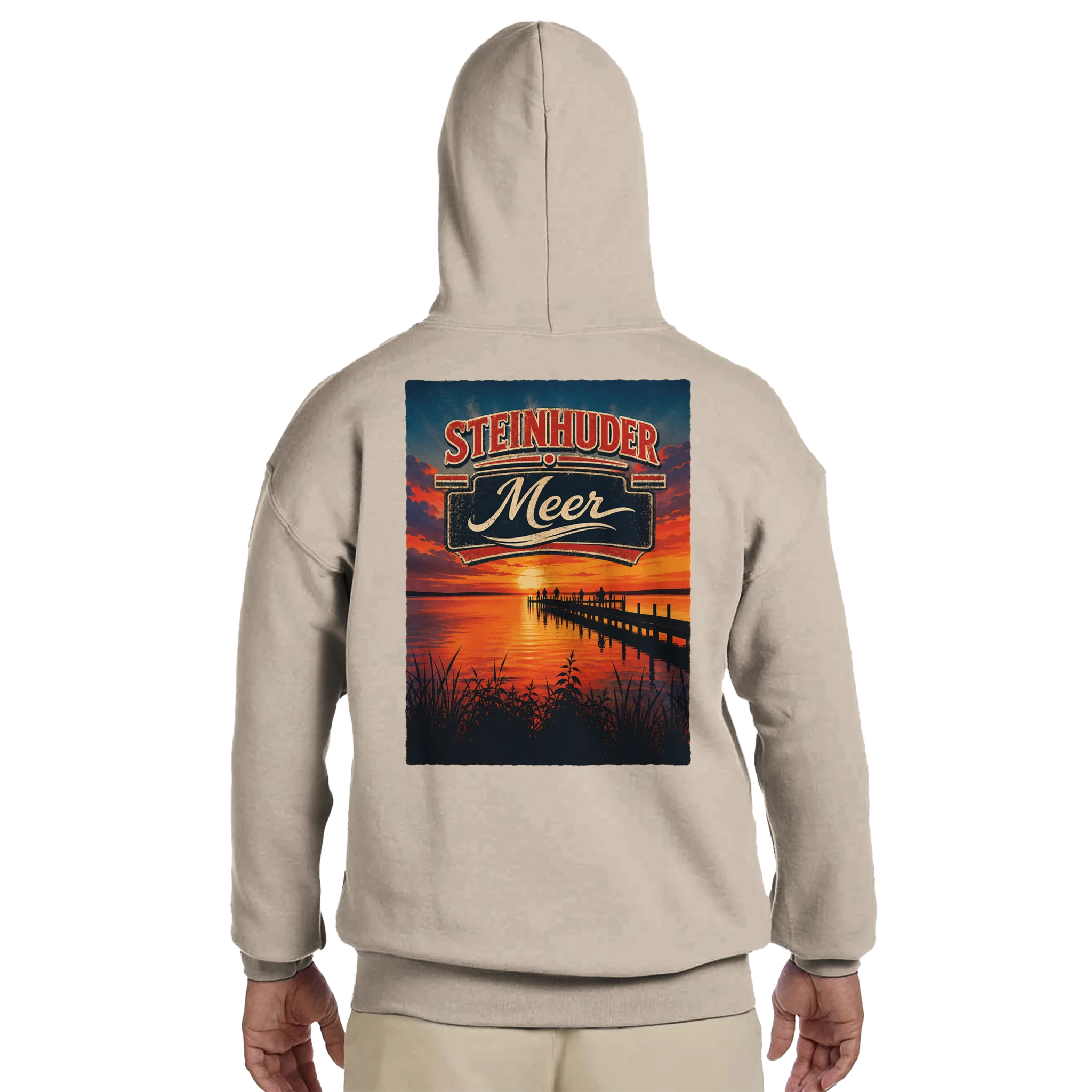 Hoodie in Aschgrau mit Motiv „Sunset Ratskeller Steg - Steinhuder Meer“