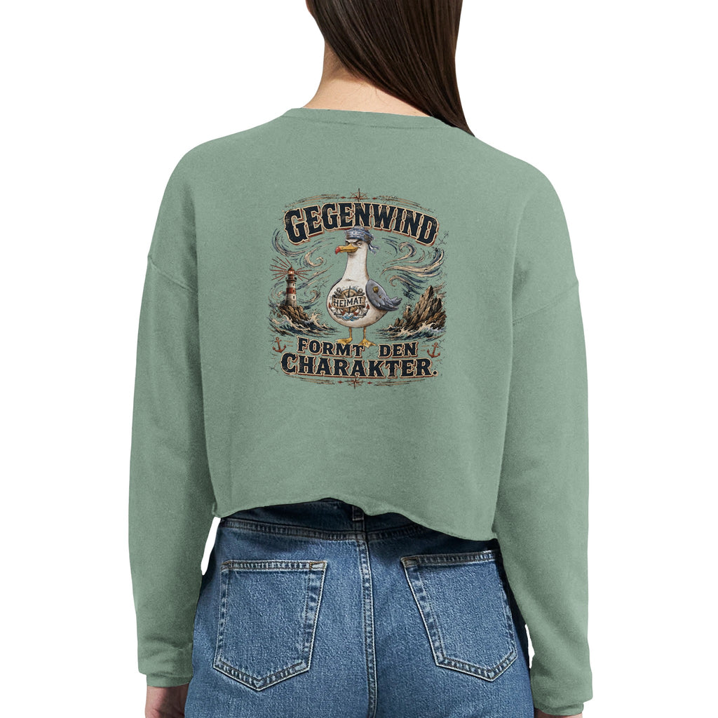 Damen-Pullover in Staubblau mit Motiv „Gegenwind formt den Charakter“