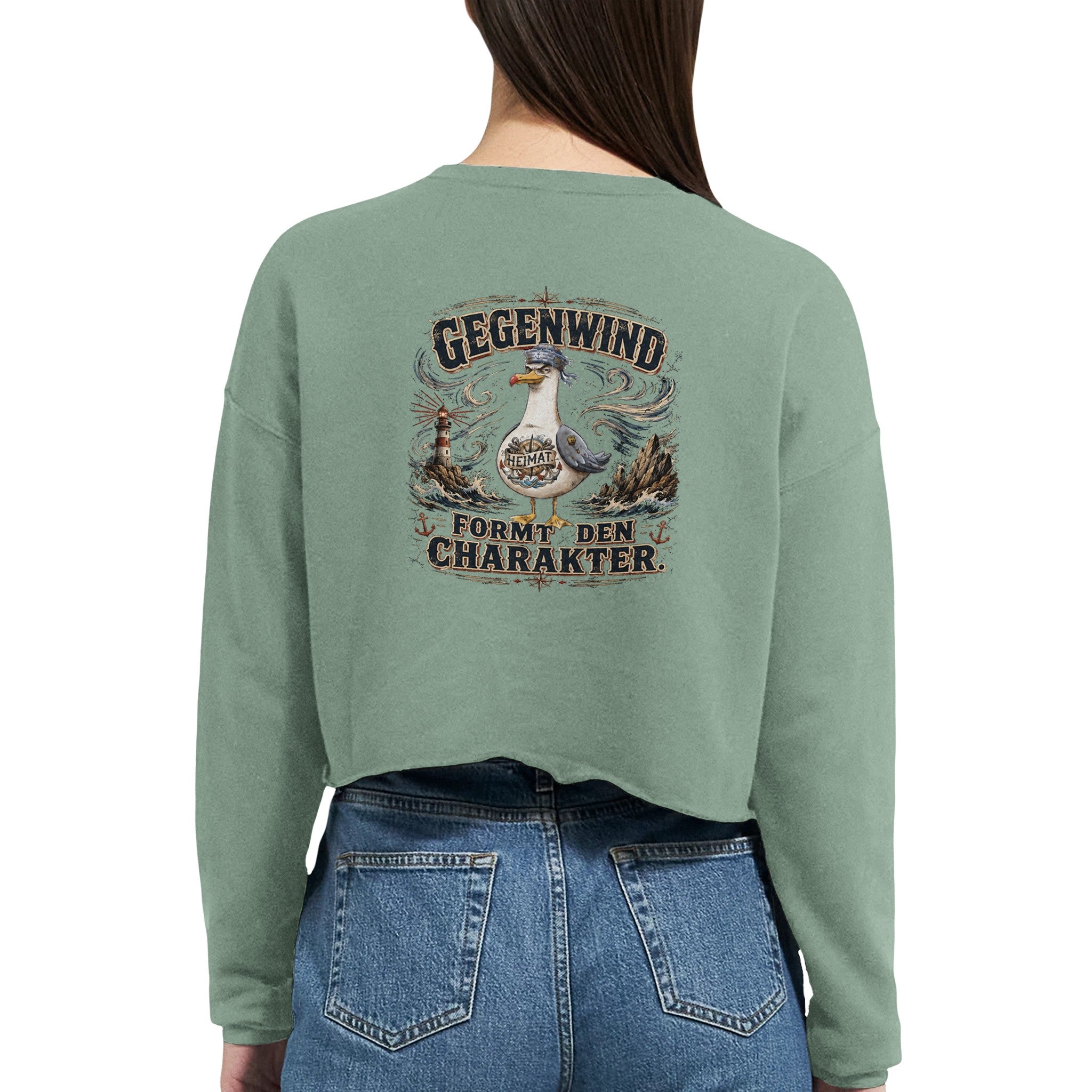 Damen-Pullover in Staubblau mit Motiv „Gegenwind formt den Charakter“