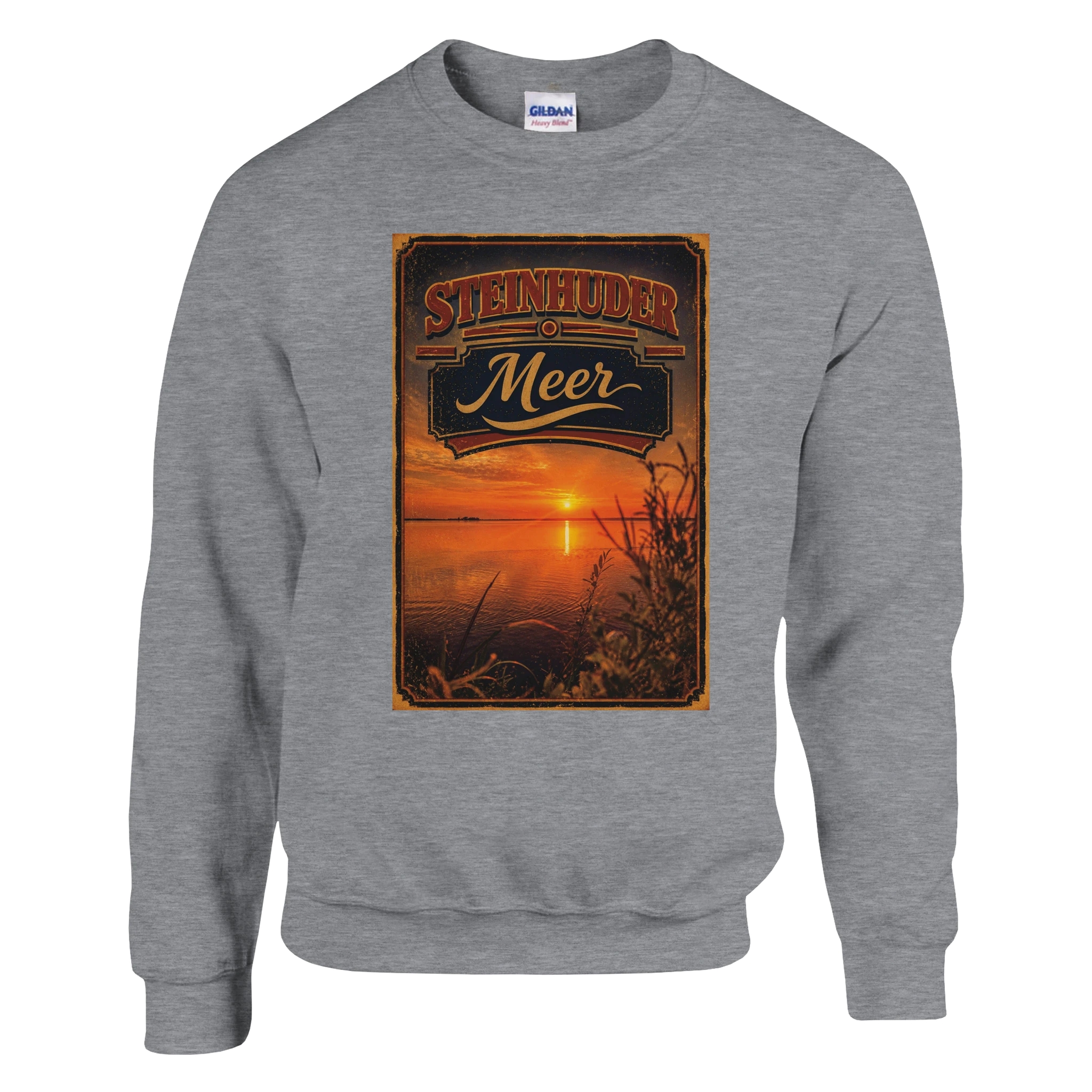 Pullover in Aschgrau mit Motiv „Sunset am Steinhuder Meer“