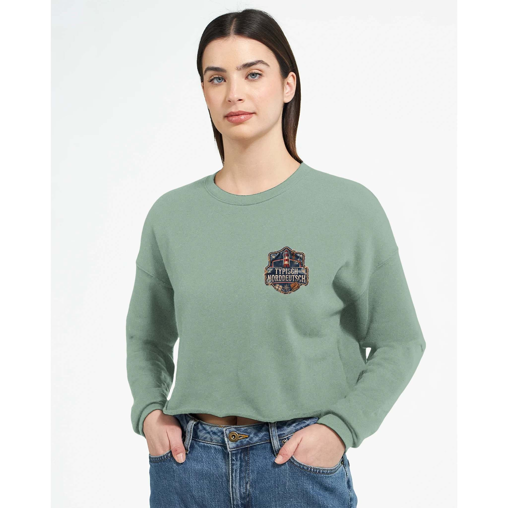 Damen-Pullover in Dunkelgrau meliert mit Motiv „Möwe auf Poller“
