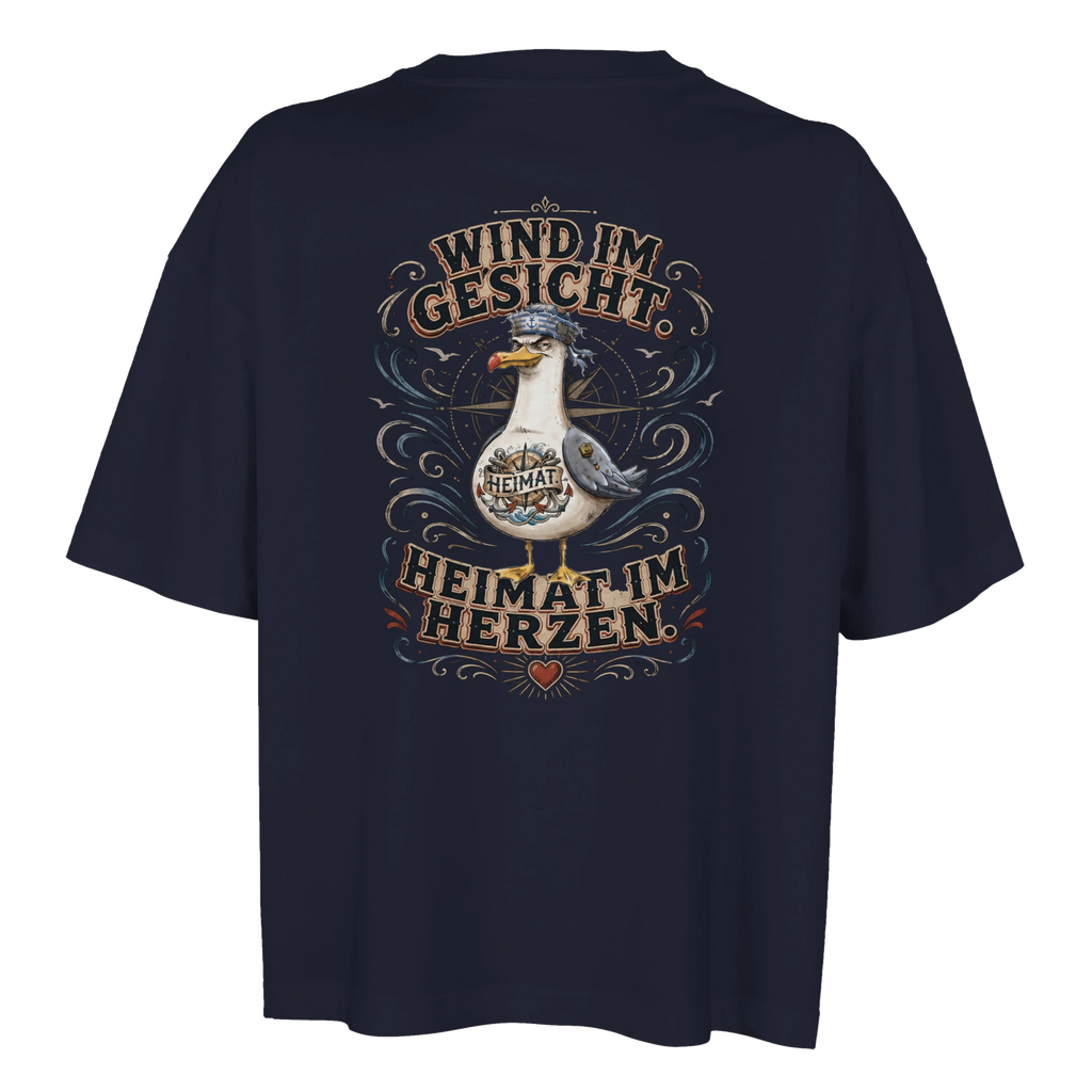 Damen-T-Shirt in Weiß mit Motiv „Wind im Gesicht. Heimat im Herzen. Möwe“