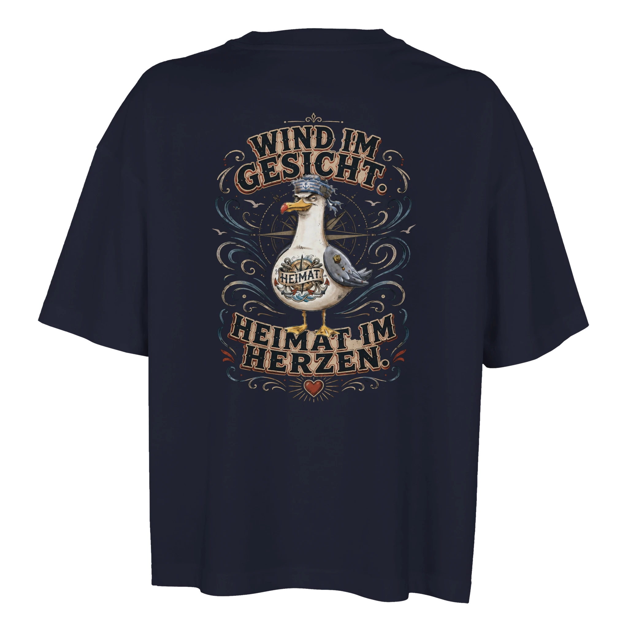 Damen-T-Shirt in Weiß mit Motiv „Wind im Gesicht. Heimat im Herzen. Möwe“
