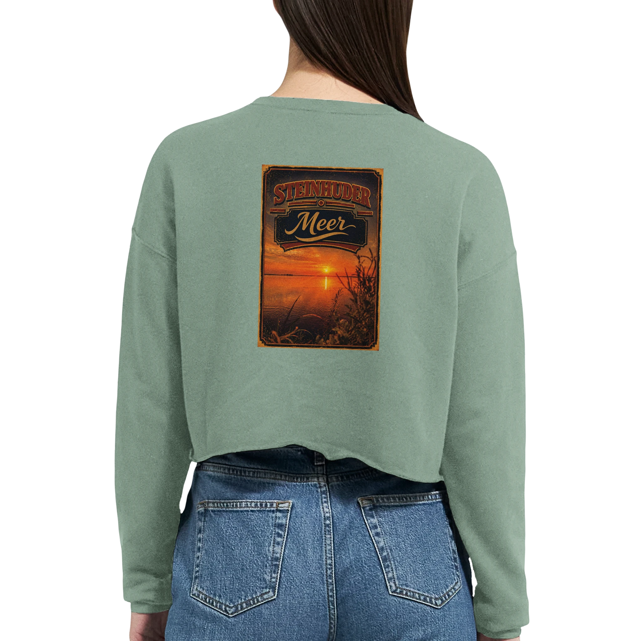 Damen-Pullover in Staubblau mit Motiv „Sunset am Steinhuder Meer“