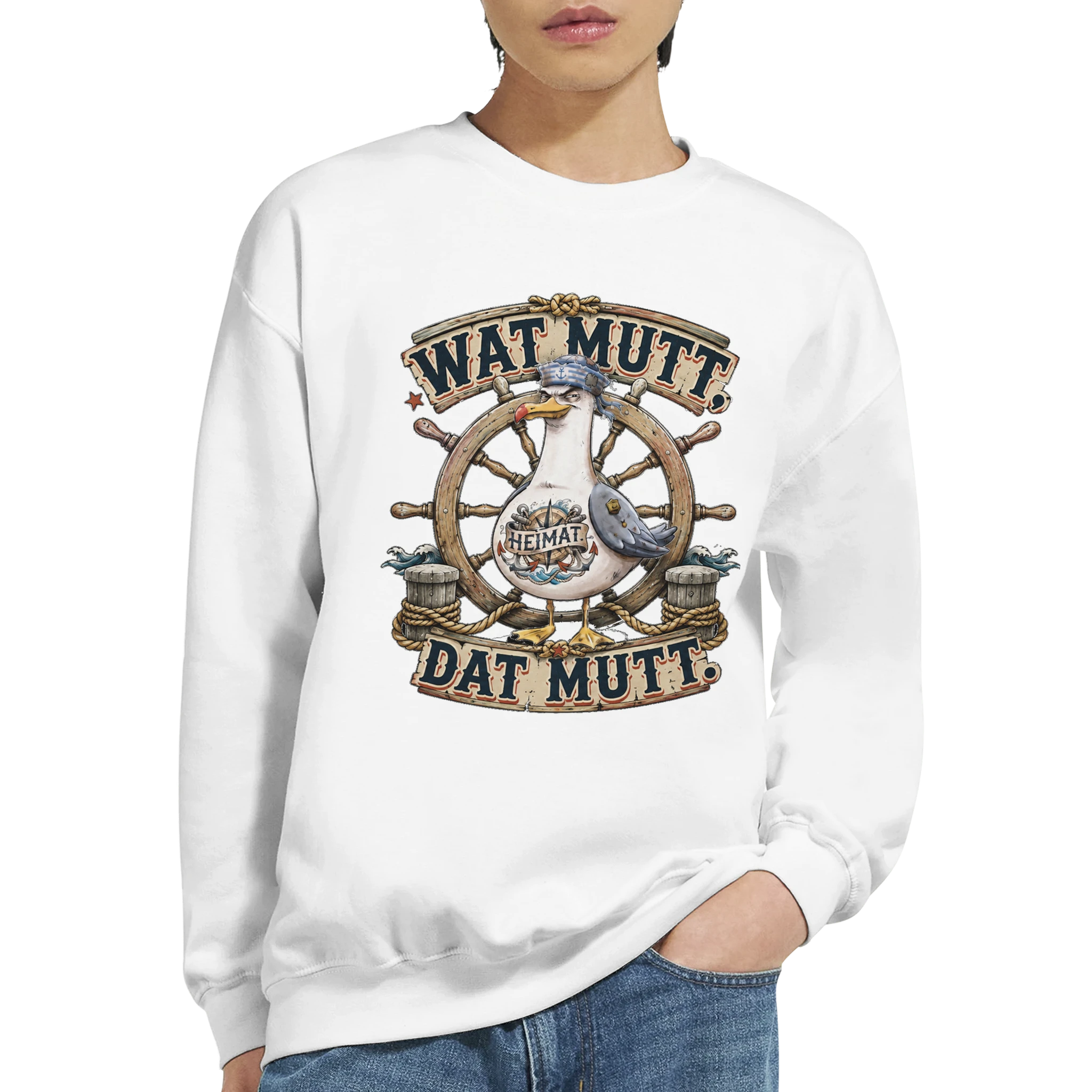 Pullover in Hellrosa mit Motiv „Wat Mutt, Dat Mutt. Möwe“