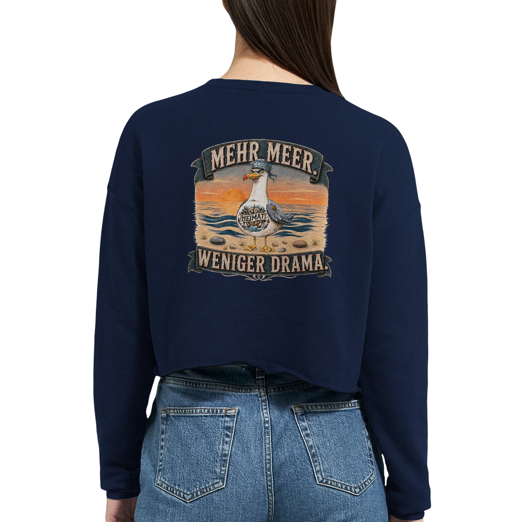 Damen-Pullover in Staubblau mit Motiv „Mehr Meer. Weniger Drama.“