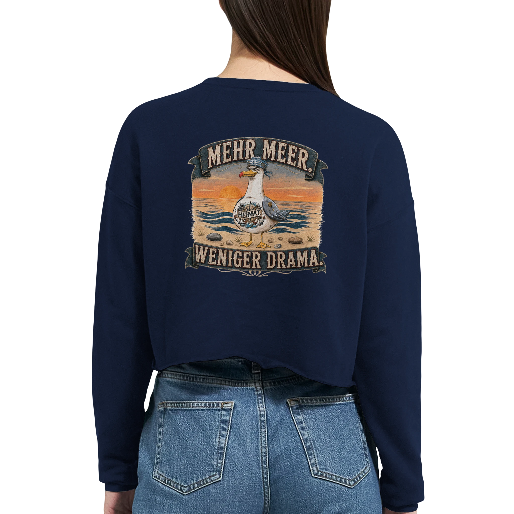 Damen-Pullover in Staubblau mit Motiv „Mehr Meer. Weniger Drama.“