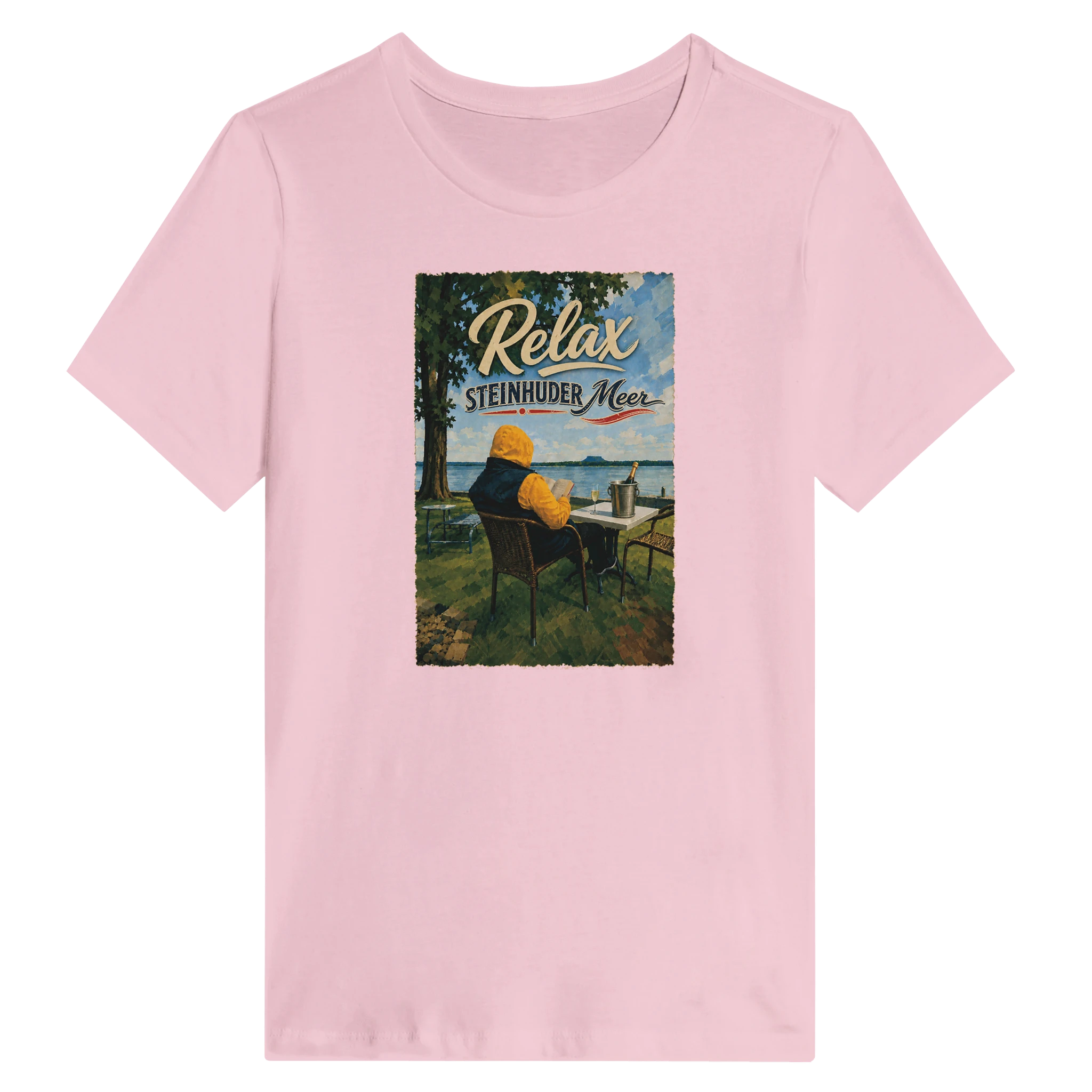 Damen-T-Shirt in Zitronengelb mit Motiv „Relax und Champagner“