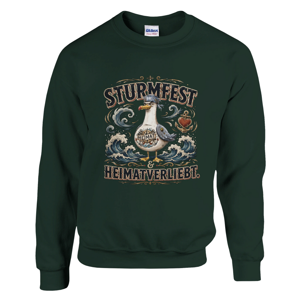 Pullover in Weiß mit Motiv „Sturmfest & Heimatverliebt Möwe“