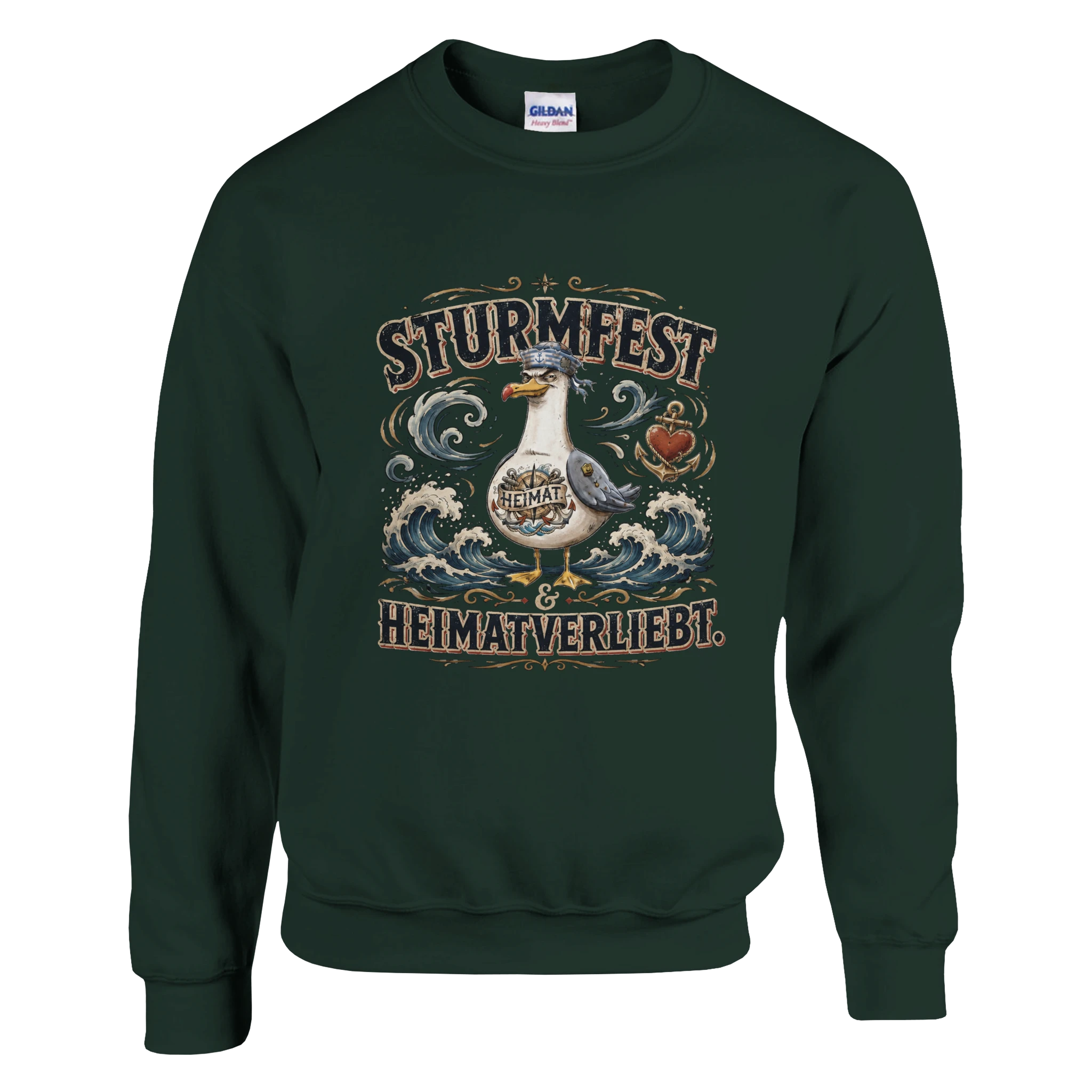 Pullover in Weiß mit Motiv „Sturmfest & Heimatverliebt Möwe“