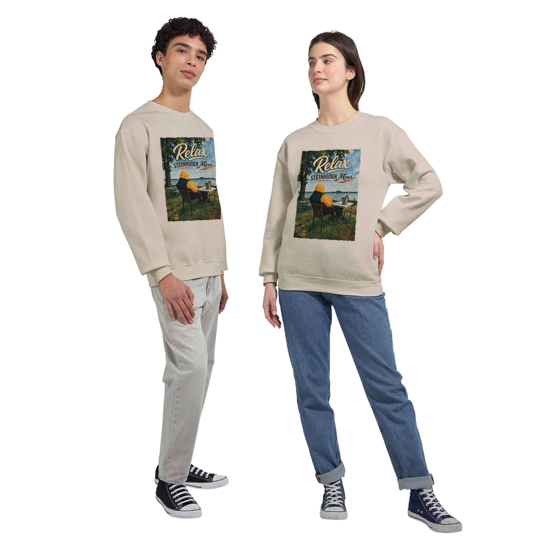 Pullover in Sand mit Motiv „Relax und Champagner“
