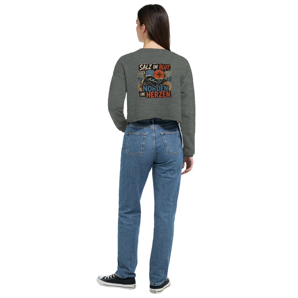 Damen-Pullover in Dunkelgrau meliert mit Motiv „Salz im Blut. Norden im Herzen.“
