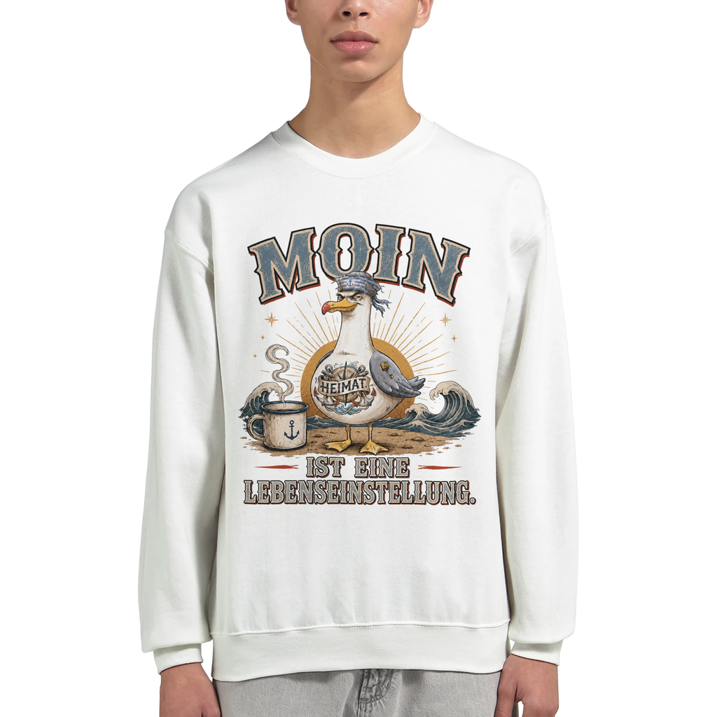 Pullover in Sand mit Motiv „Moin ist eine Lebenseinstellung Möwe“