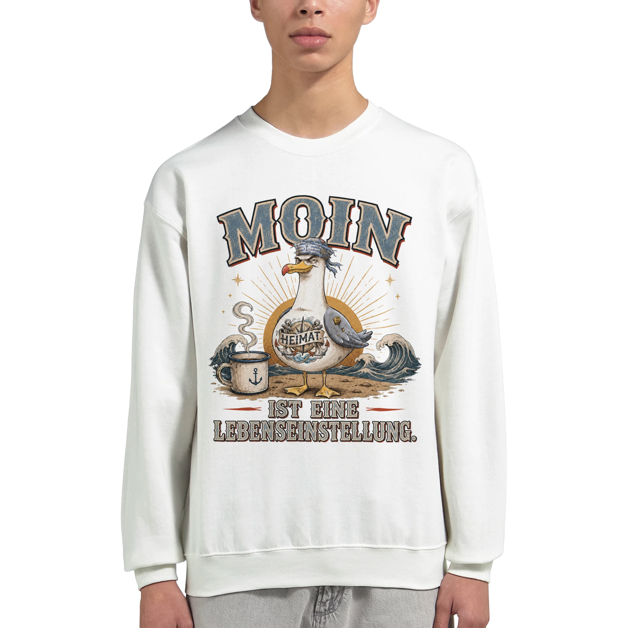 Pullover in Sand mit Motiv „Moin ist eine Lebenseinstellung Möwe“