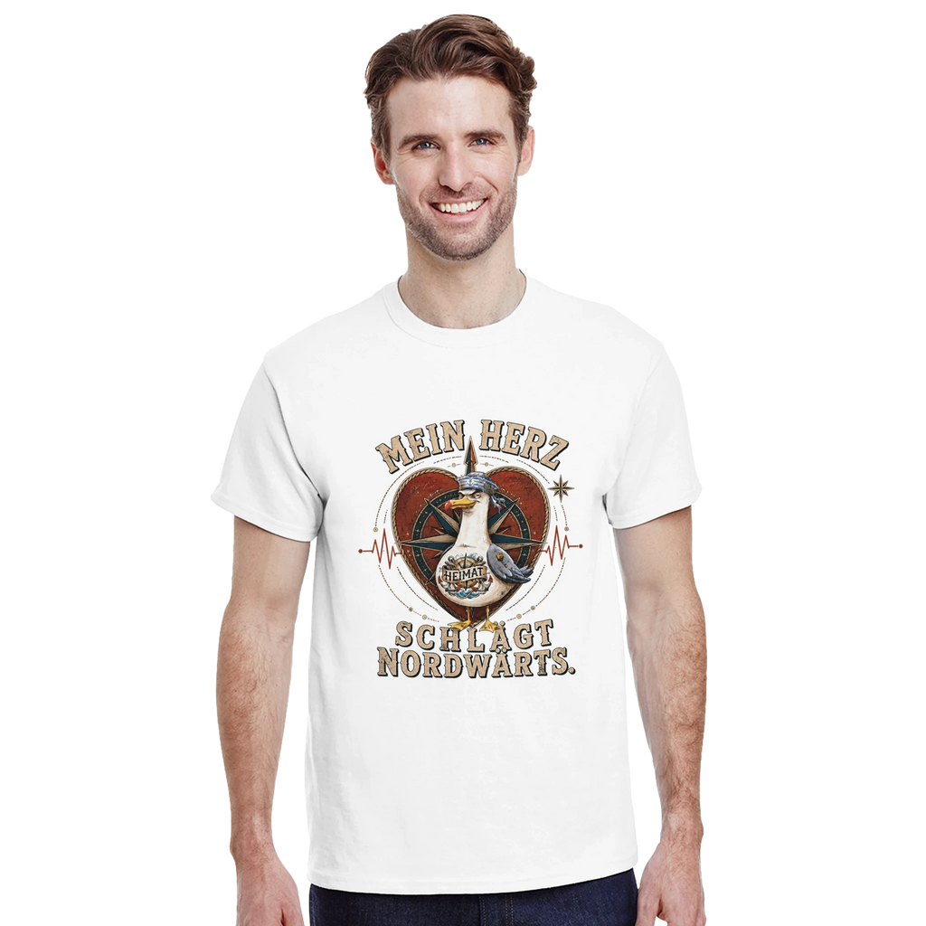 T-Shirt in Sand mit Motiv „Mein Herz schlägt NORDWÄRTS. Möwe“