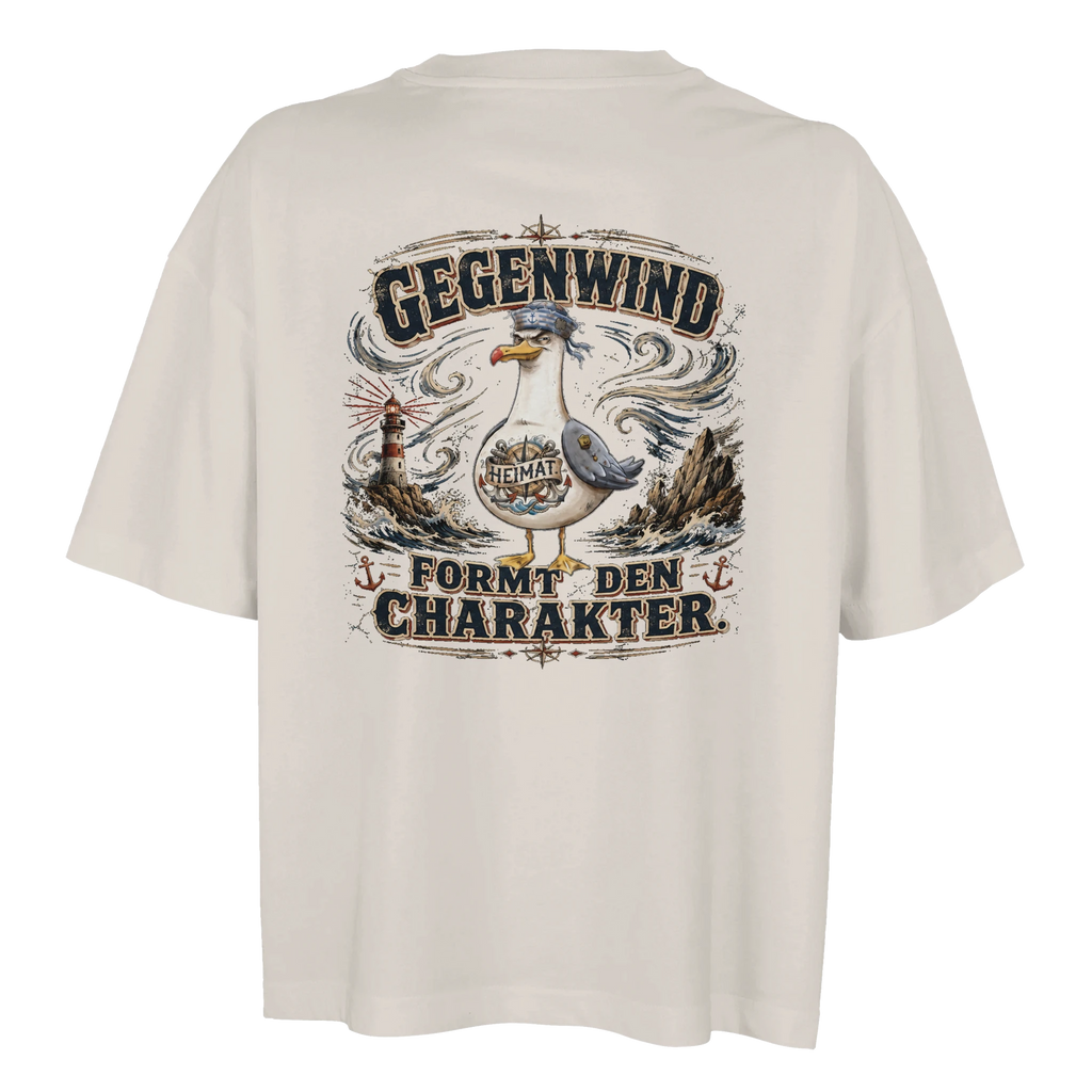 Damen-T-Shirt in Weiß mit Motiv „Gegenwind formt den Charakter“