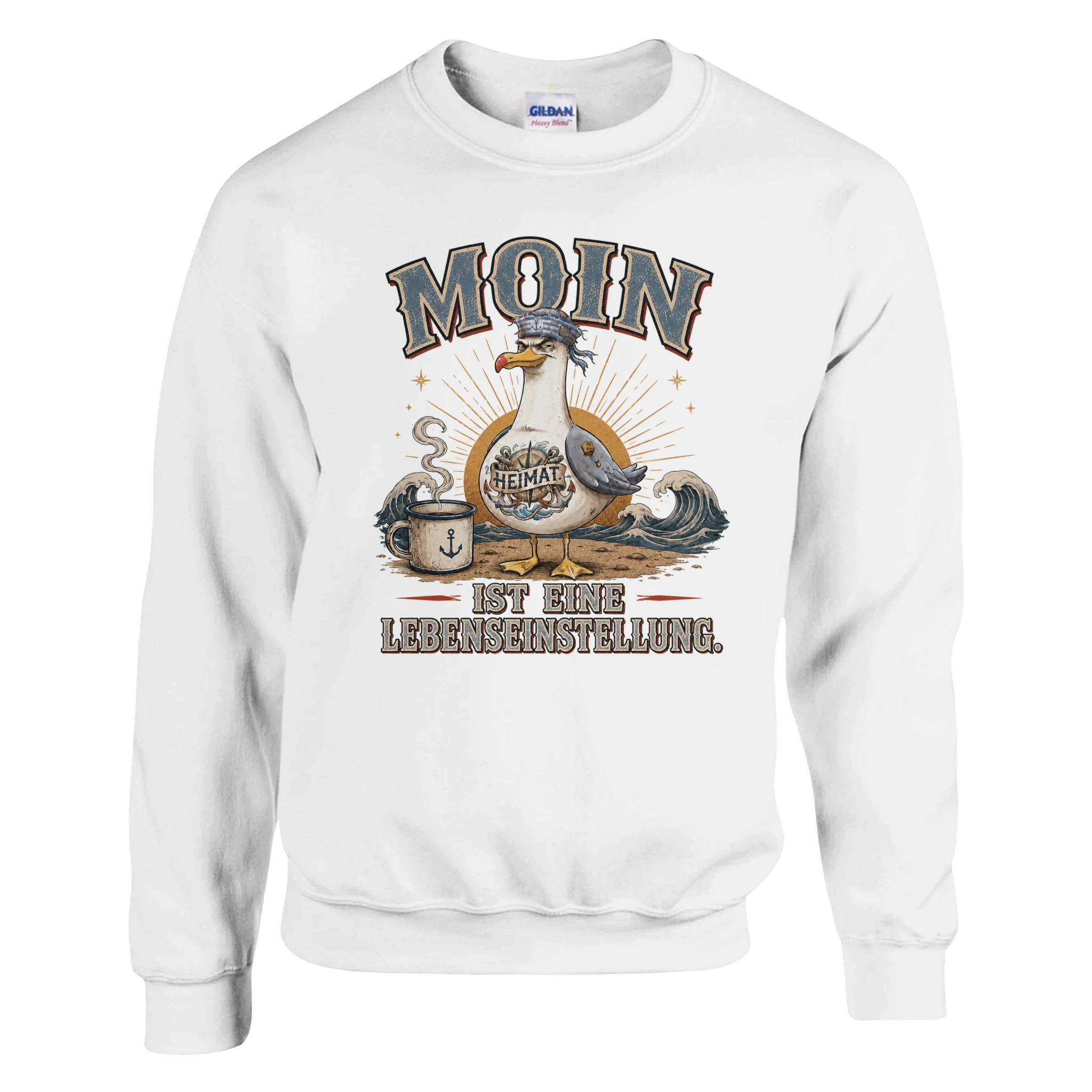 Pullover in Weiß mit Motiv „Moin ist eine Lebenseinstellung Möwe“