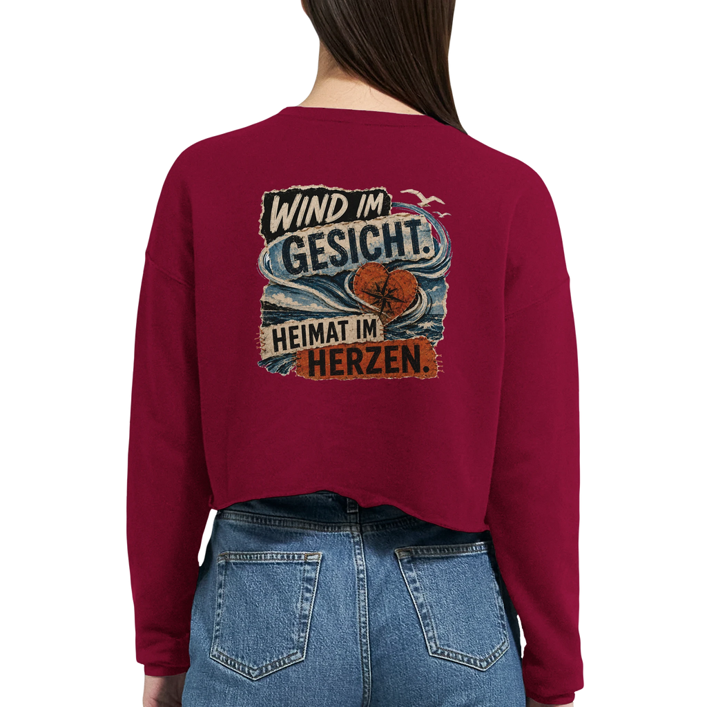 Damen-Pullover in Staubblau mit Motiv „Wind im Gesicht. Heimat im Herzen.“