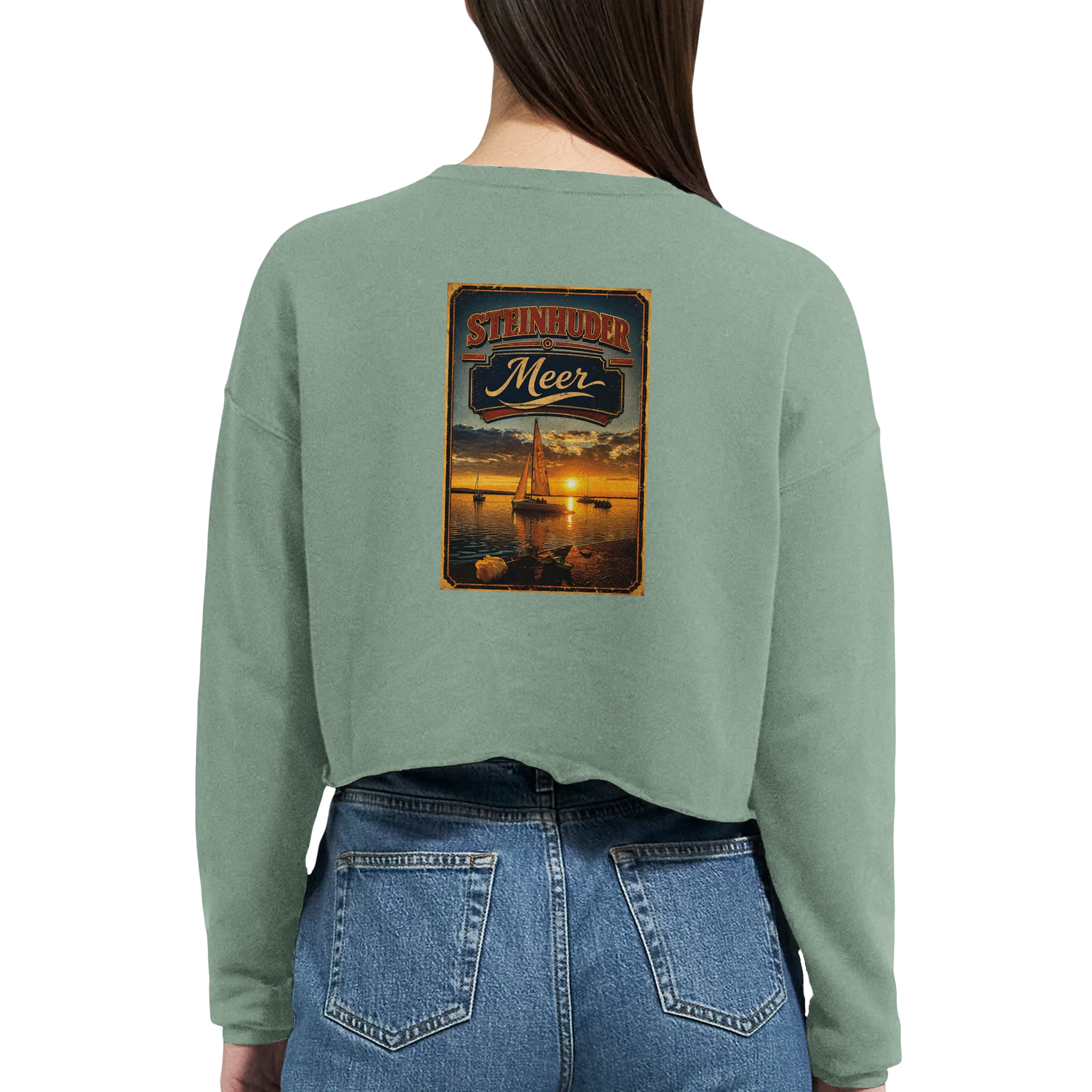 Damen-Pullover in Staubblau mit Motiv „White Night am Wilhelmstein mit Sonnenuntergang“