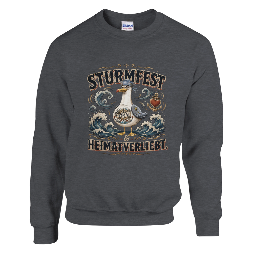 Pullover in Weiß mit Motiv „Sturmfest & Heimatverliebt Möwe“