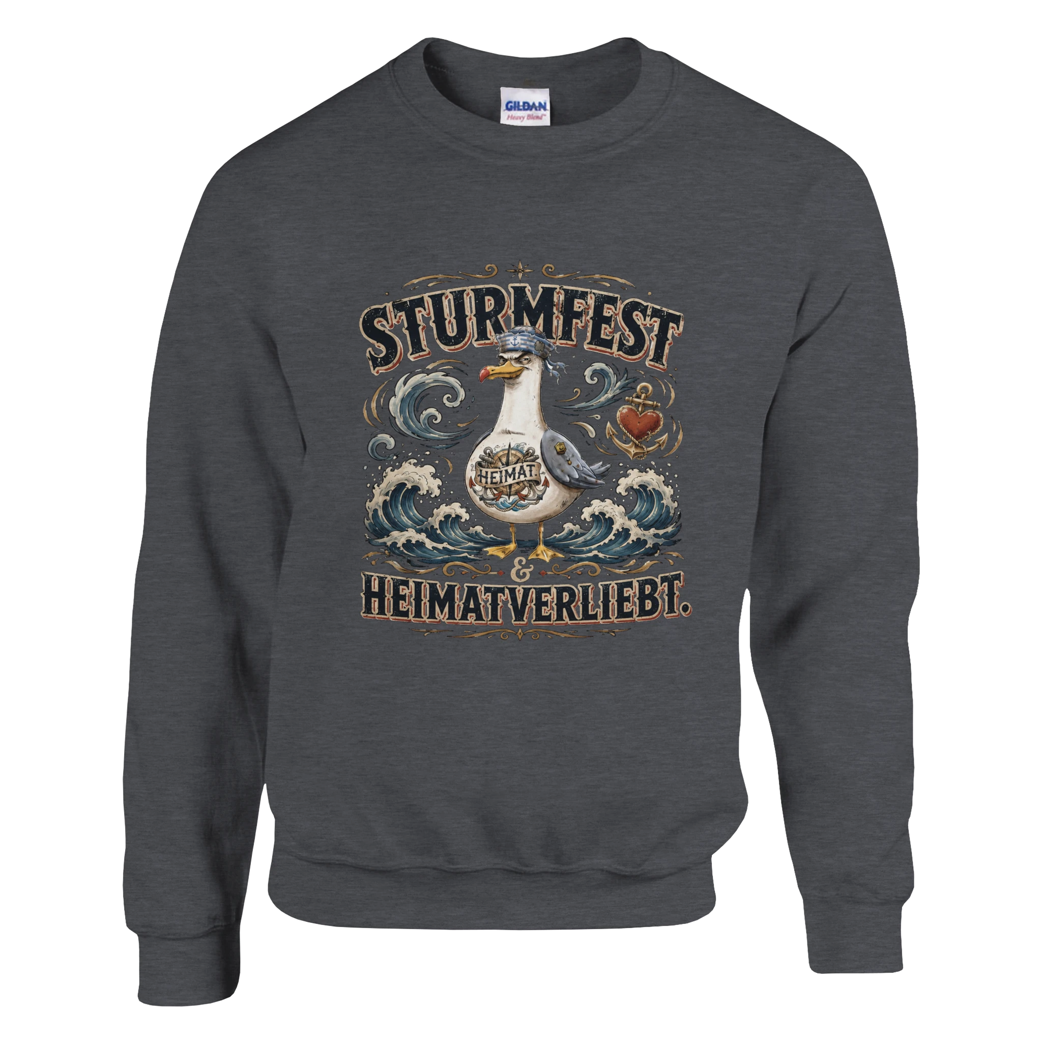 Pullover in Weiß mit Motiv „Sturmfest & Heimatverliebt Möwe“