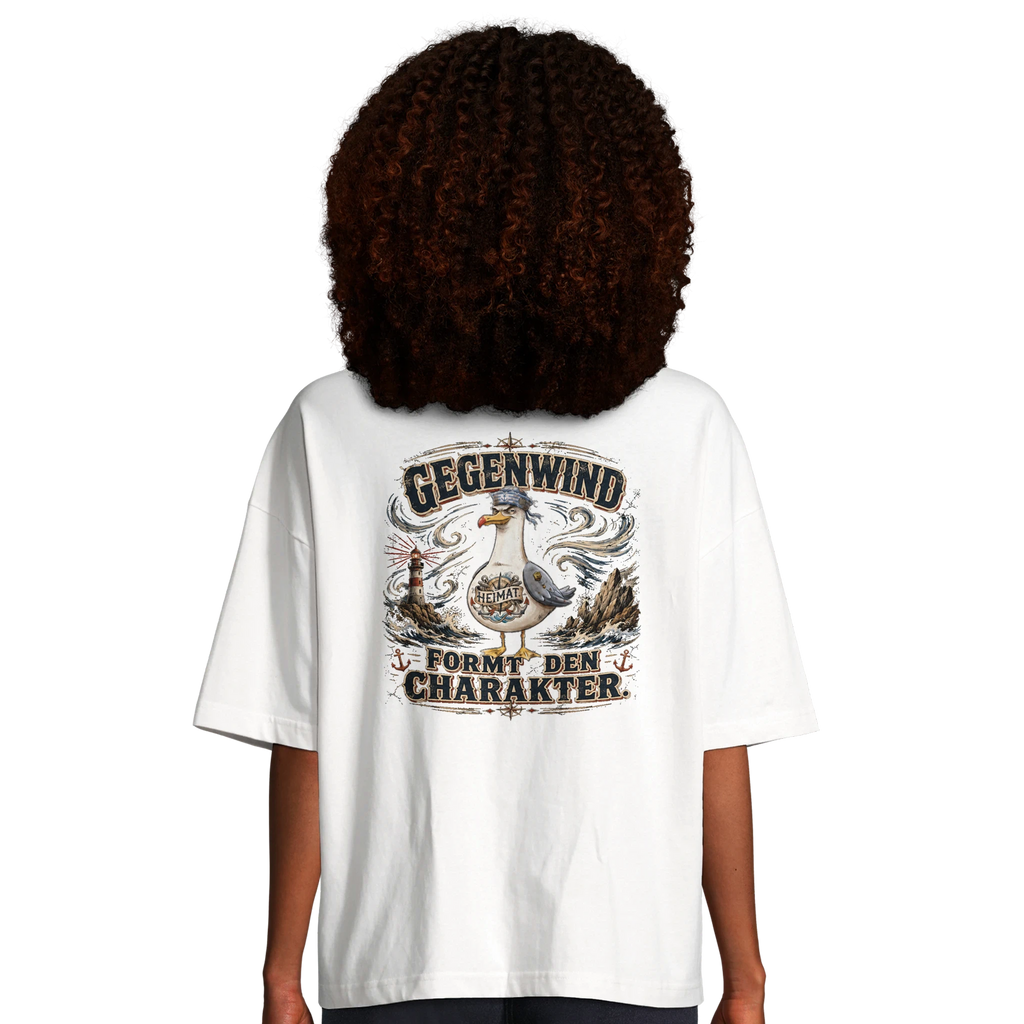 Damen-T-Shirt in Hellgelb mit Motiv „Gegenwind formt den Charakter“