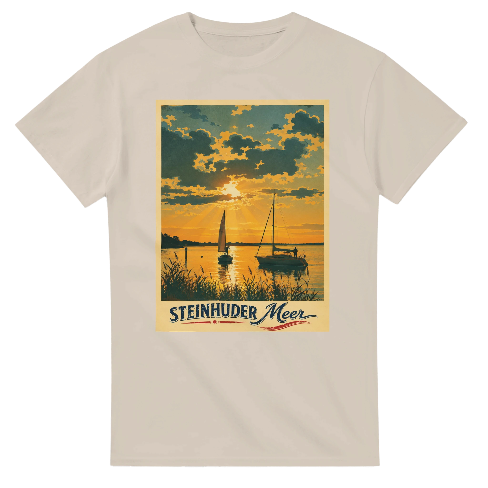T-Shirt in Natur mit Motiv „Segler am Steinhuder Meer beim Sunset“