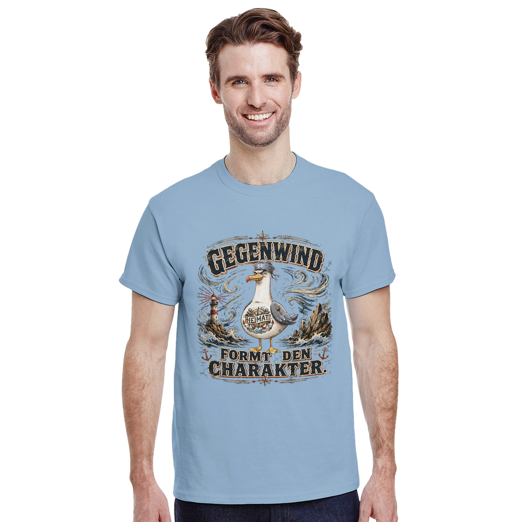 T-Shirt in Sand mit Motiv „Gegenwind formt den Charakter Typisch Norddeutsch“