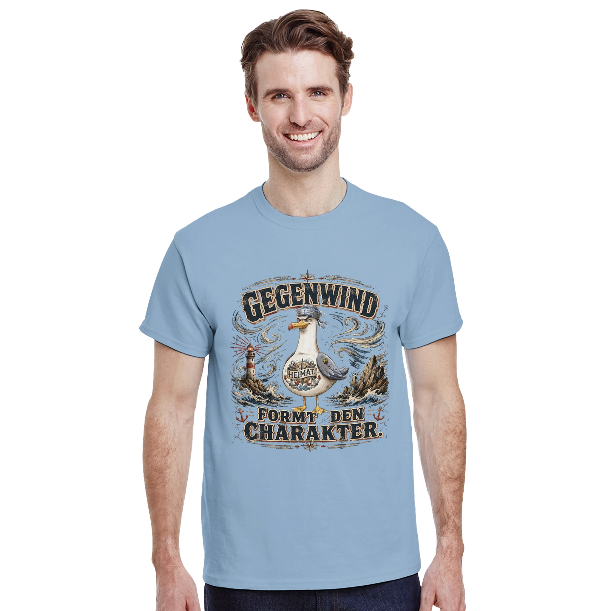 T-Shirt in Sand mit Motiv „Gegenwind formt den Charakter Typisch Norddeutsch“