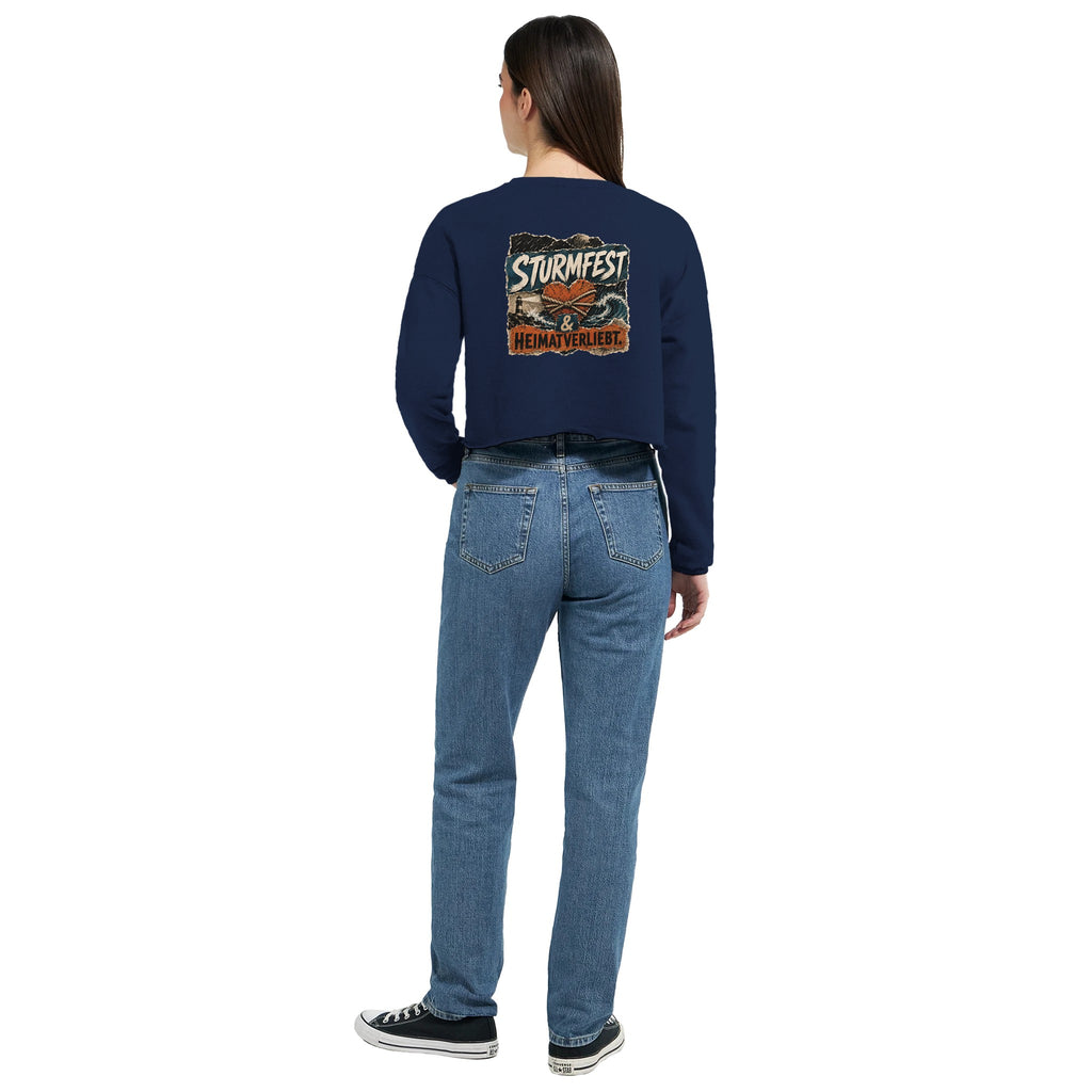 Damen-Pullover in Dunkelgrau meliert mit Motiv „Sturmfest & Heimatverliebt.“