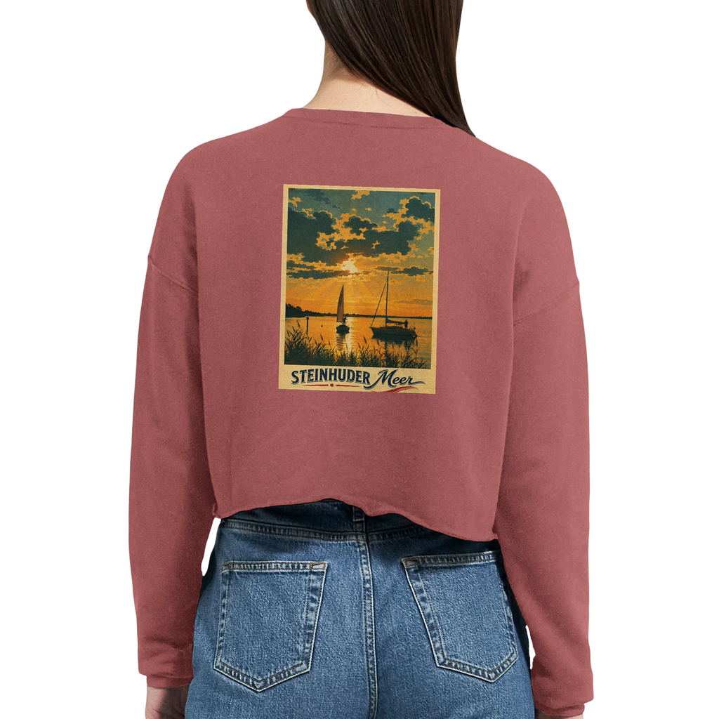 Damen-Pullover in Staubblau mit Motiv „Segler am Steinhuder Meer beim Sunset“