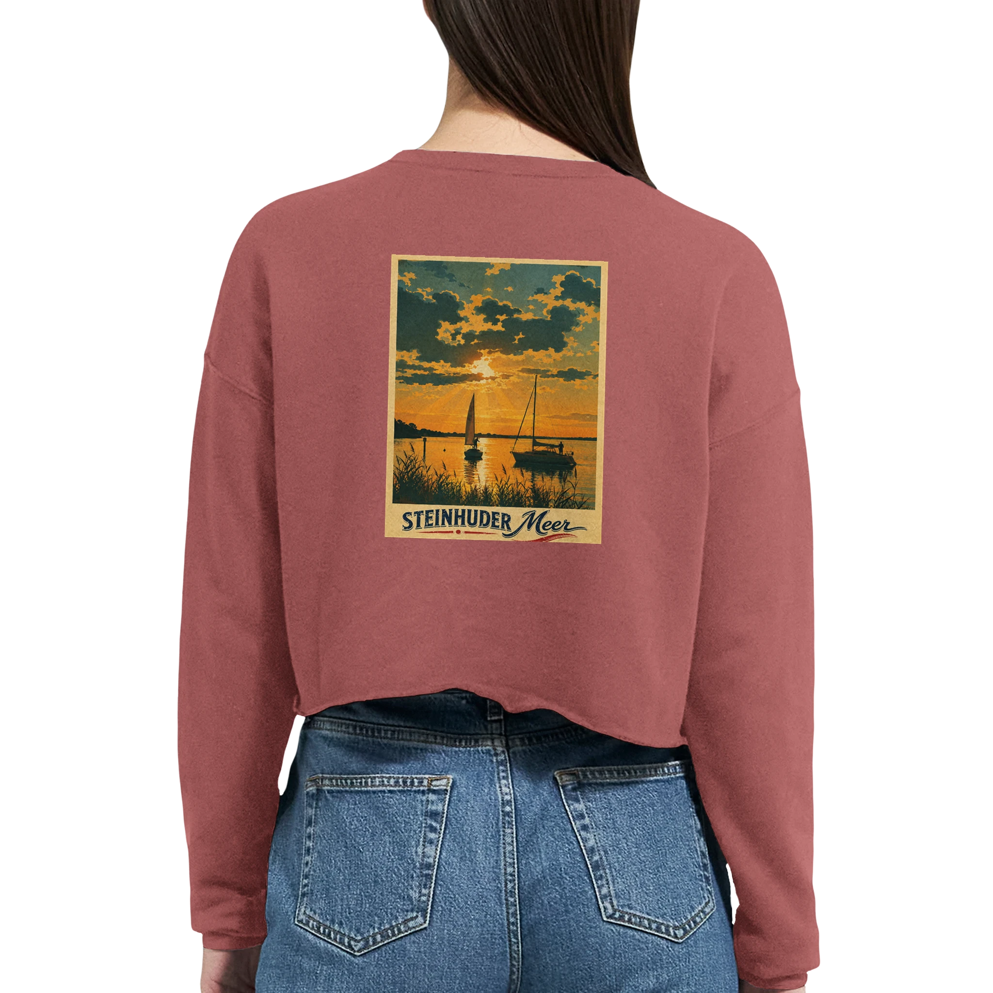 Damen-Pullover in Staubblau mit Motiv „Segler am Steinhuder Meer beim Sunset“