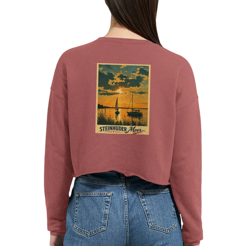 Damen-Pullover in Staubblau mit Motiv „Segler am Steinhuder Meer beim Sunset“