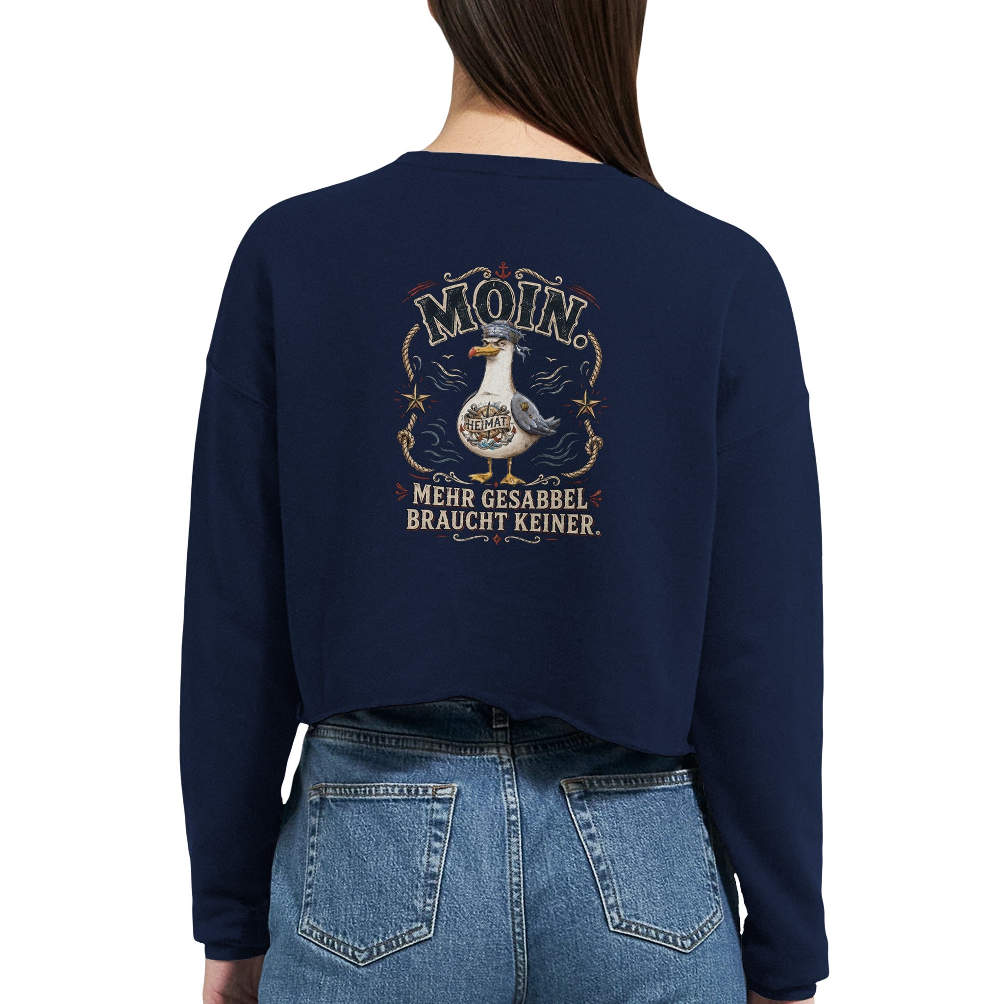 Damen-Pullover in Staubblau mit Motiv „Mehr Gesabbel braucht keiner“