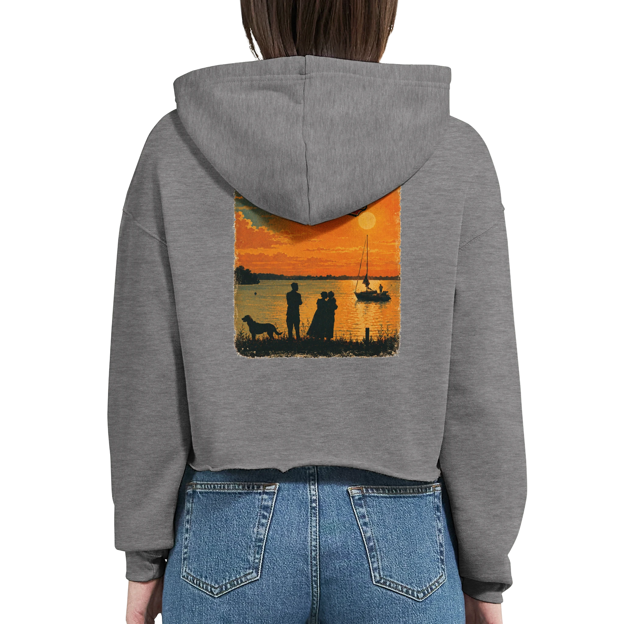 Damen-Hoodie in Weiß mit Motiv „Familie beim Sunset“