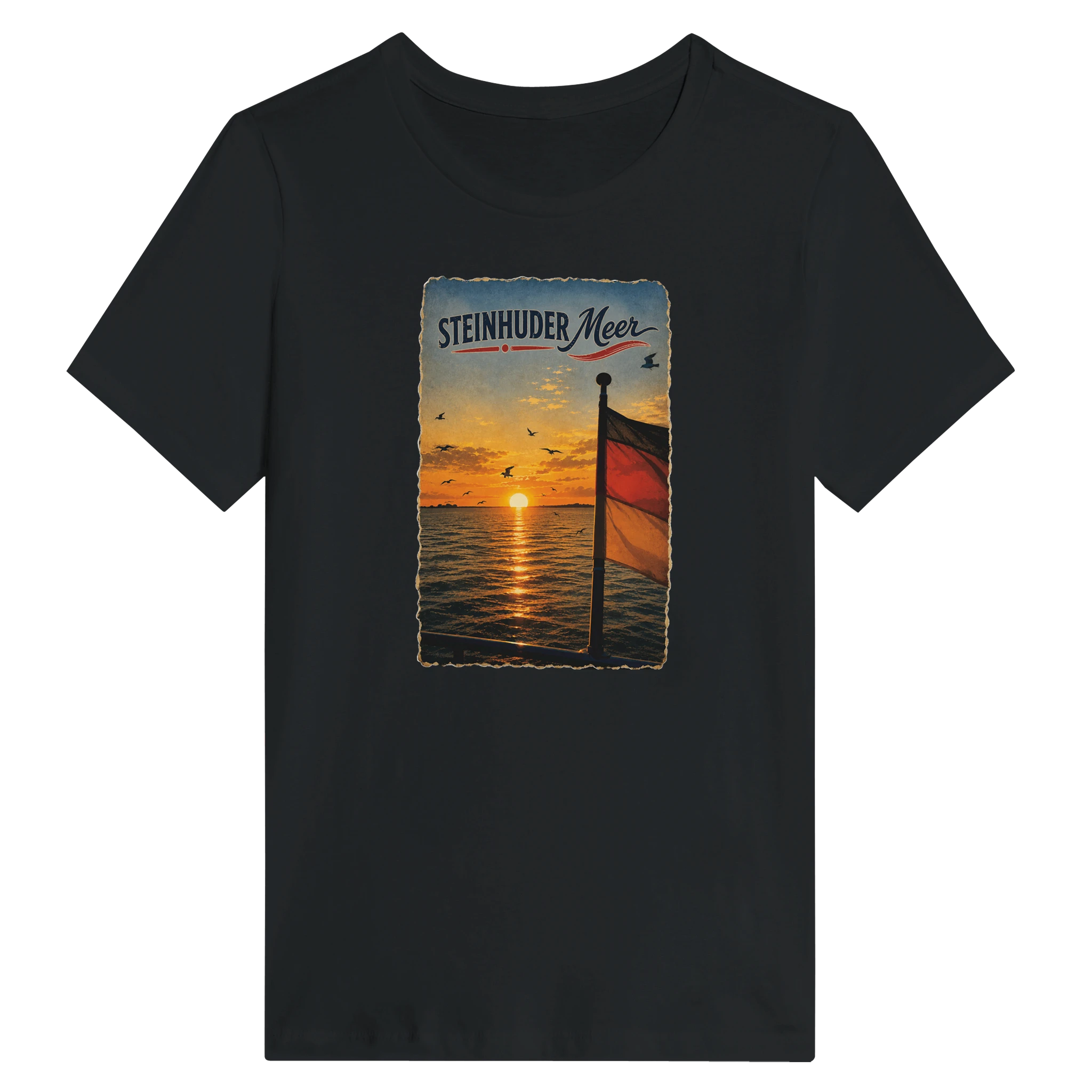 Damen-T-Shirt in Zitronengelb mit Motiv „Flagge und Sunset“