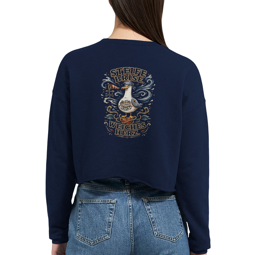 Damen-Pullover in Staubblau mit Motiv „Steife Brise. Weiches Herz.“