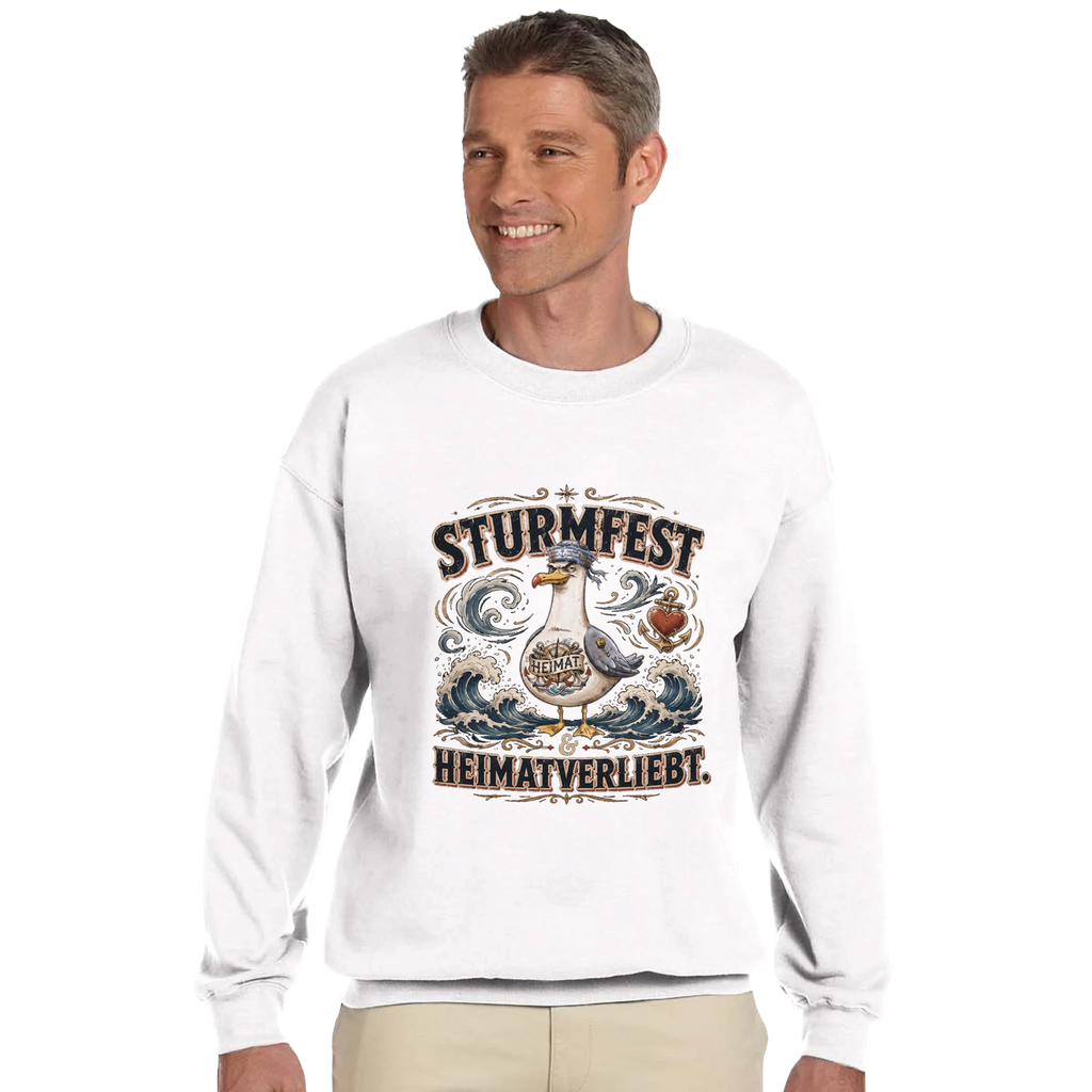 Pullover in Sand mit Motiv „Sturmfest & Heimatverliebt Möwe“