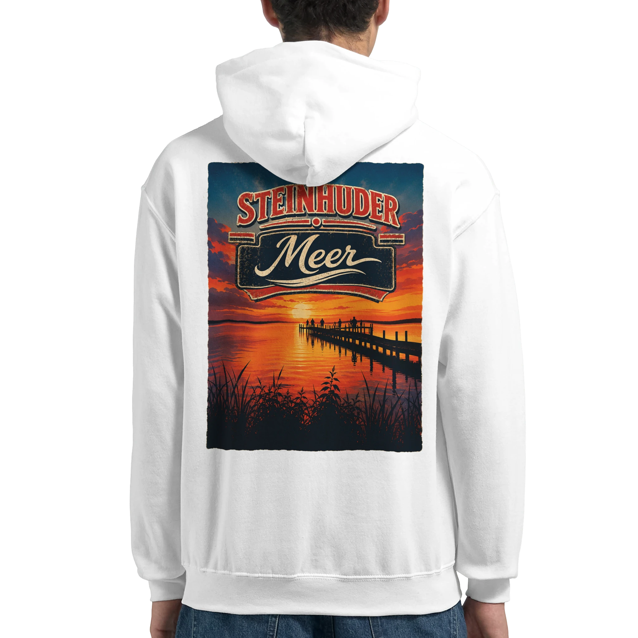Hoodie in Aschgrau mit Motiv „Sunset Ratskeller Steg - Steinhuder Meer“