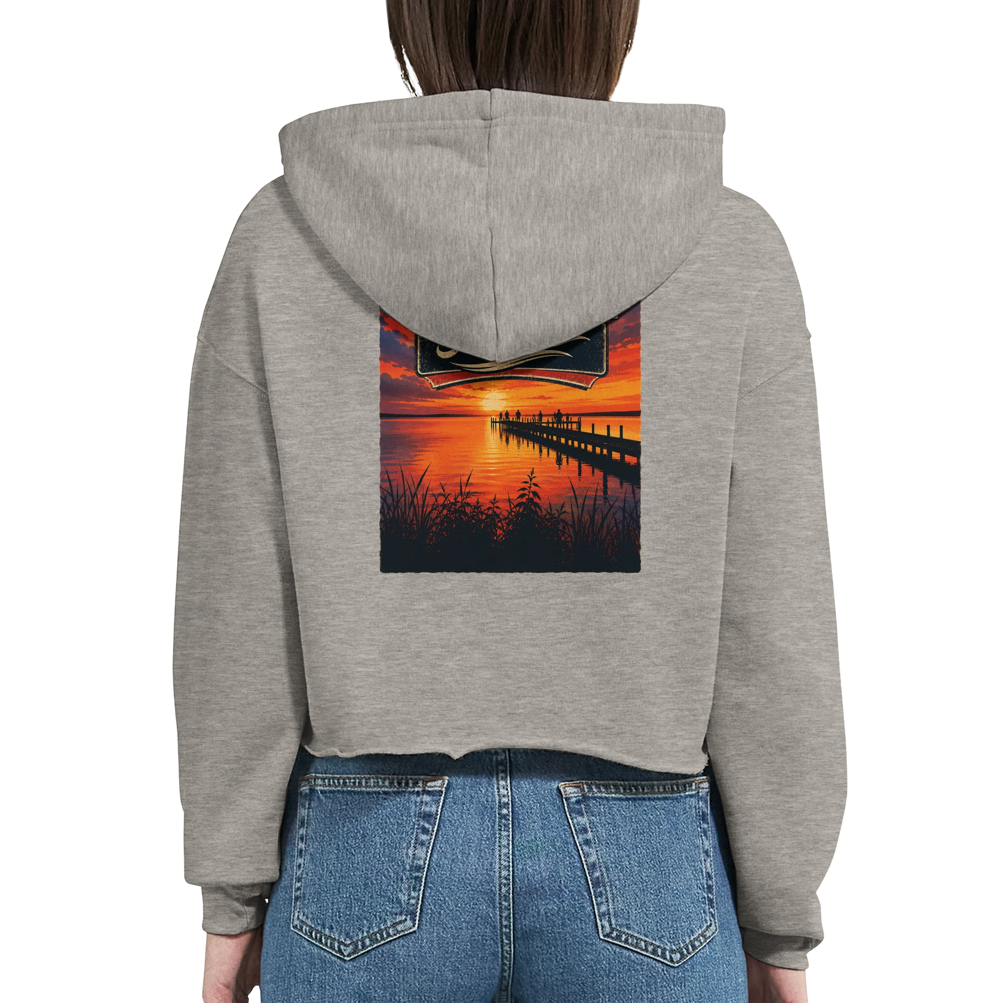 Damen-Hoodie in Pfirsich mit Motiv „Sunset Ratskeller Steg am Steinhuder Meer“