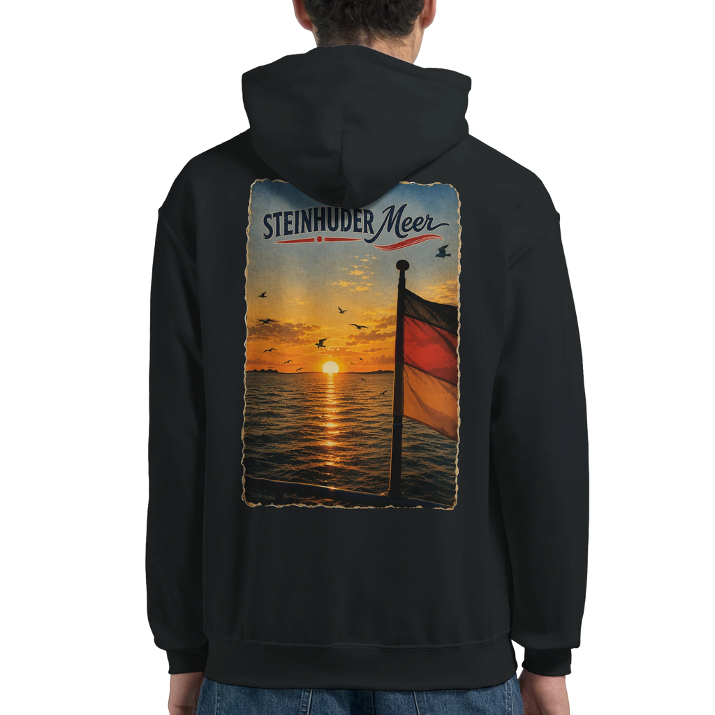 Hoodie in Aschgrau mit Motiv „Flagge und Sunset“