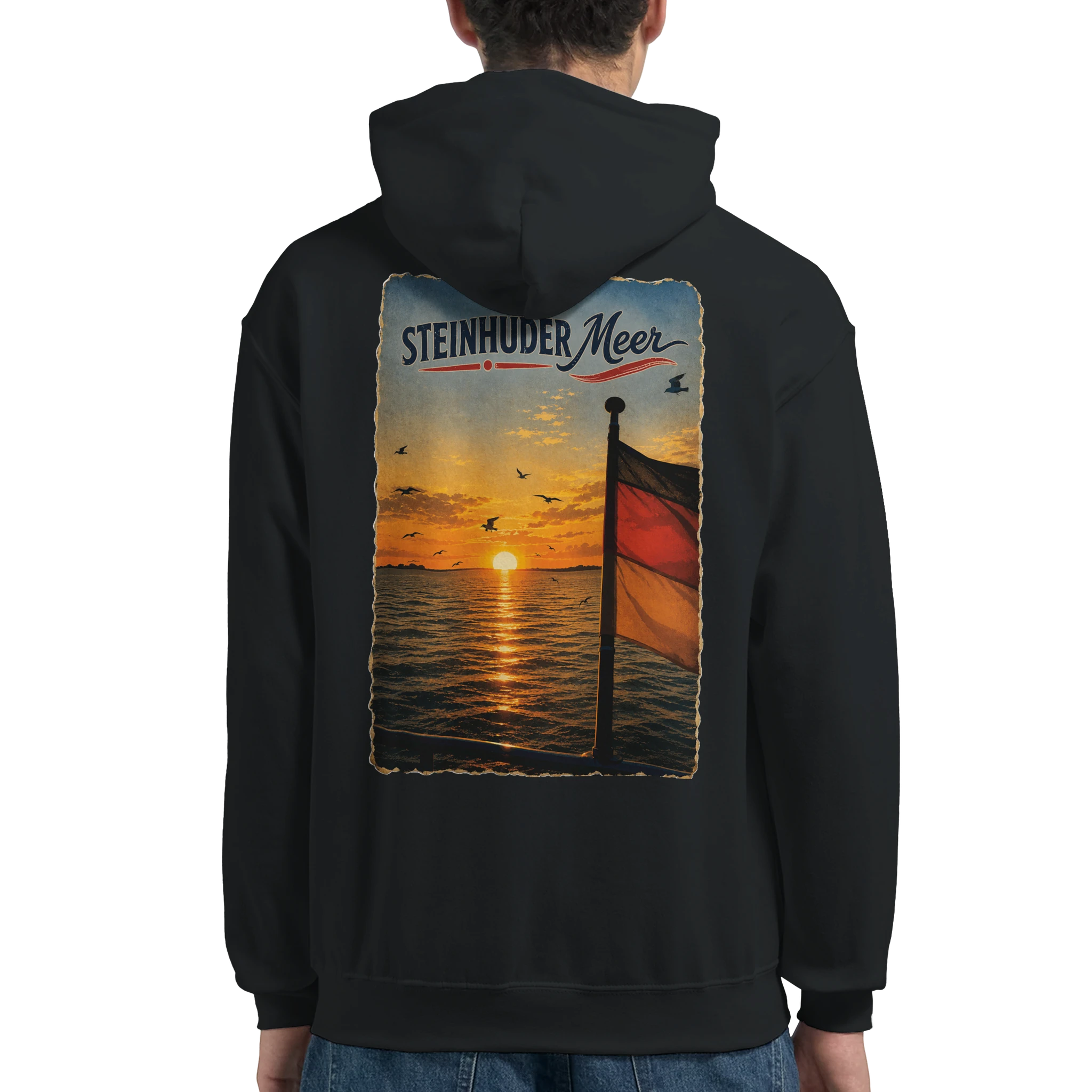 Hoodie in Aschgrau mit Motiv „Flagge und Sunset“
