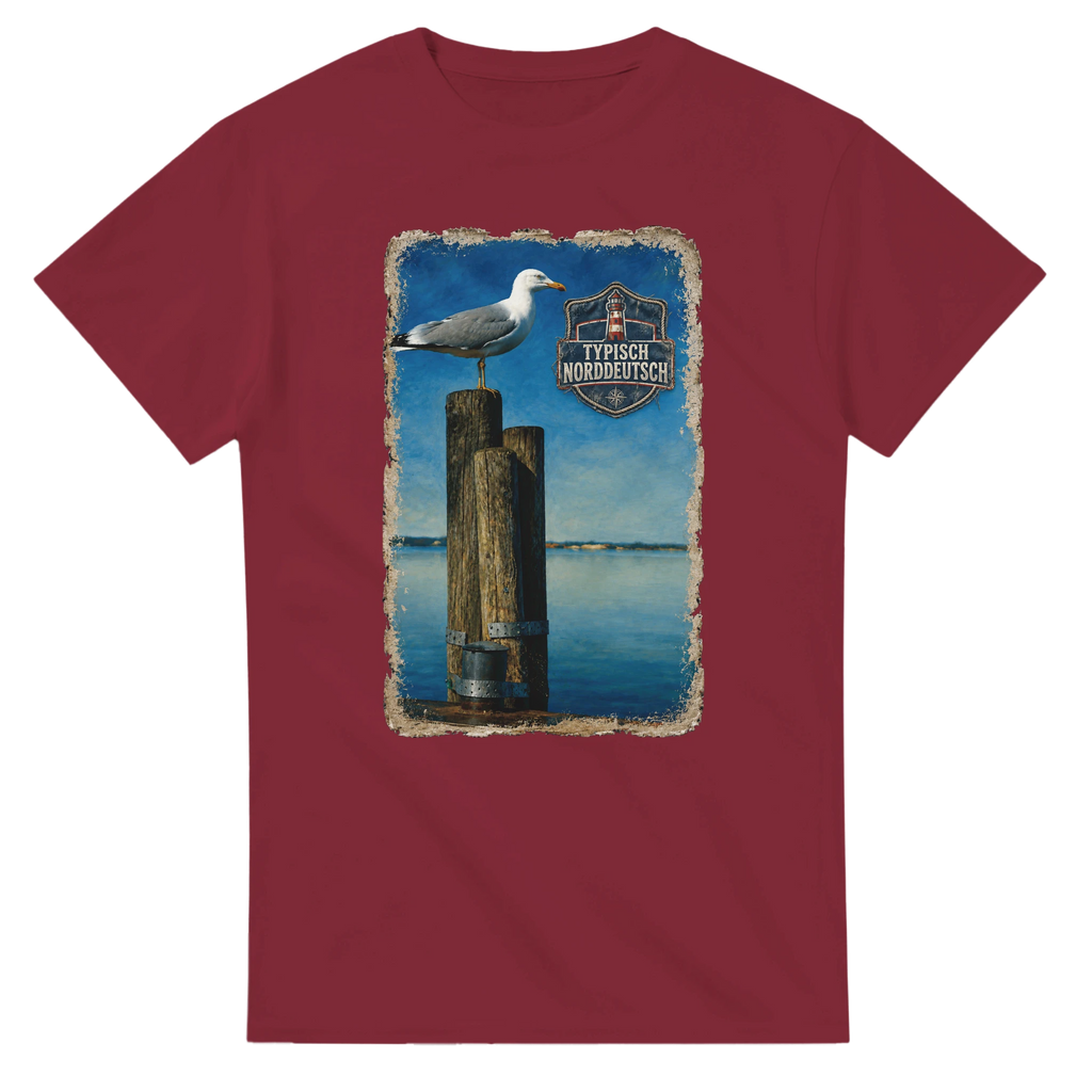 T-Shirt in Weiß mit Motiv „Möwe auf Poller“