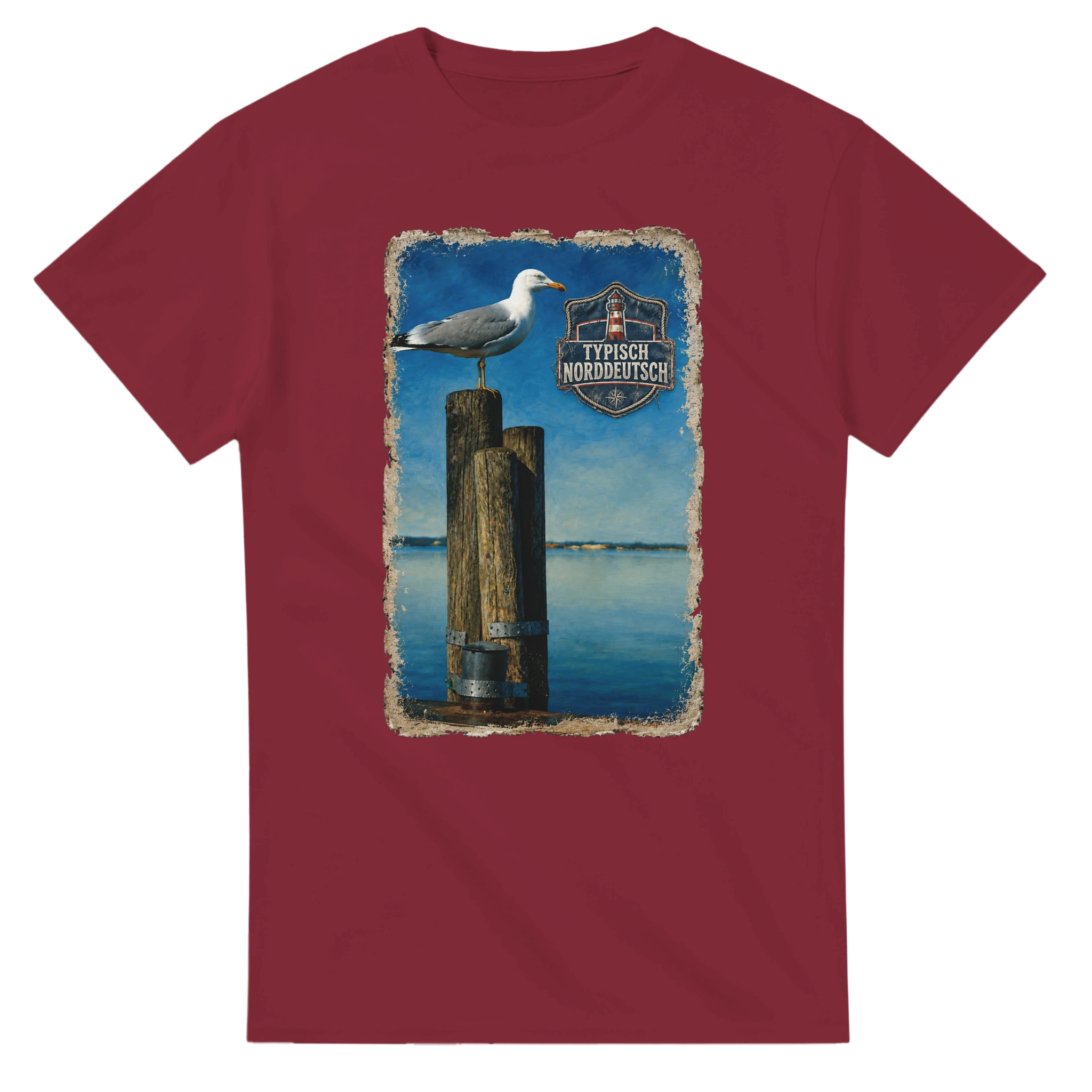 T-Shirt in Weiß mit Motiv „Möwe auf Poller“