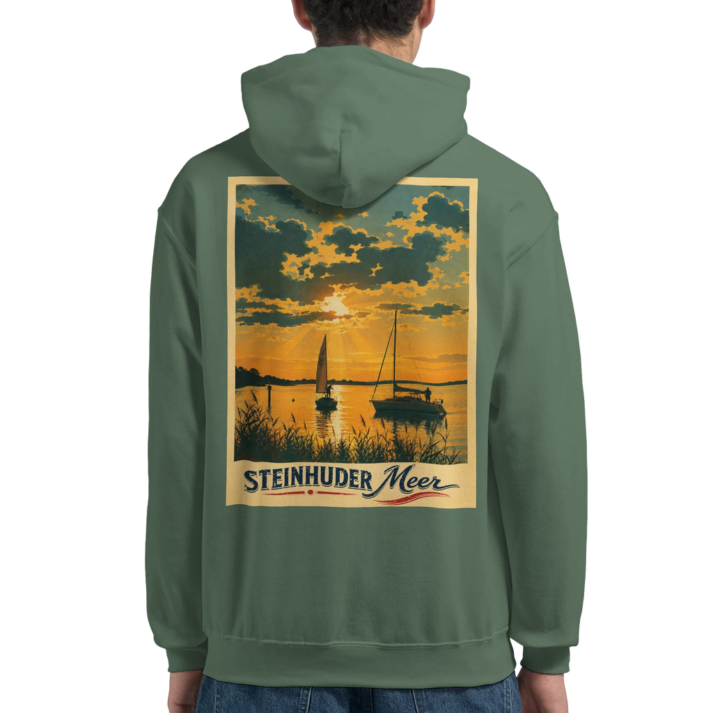 Hoodie in Weiß mit Motiv „Segler am Steinhuder Meer beim Sunset“