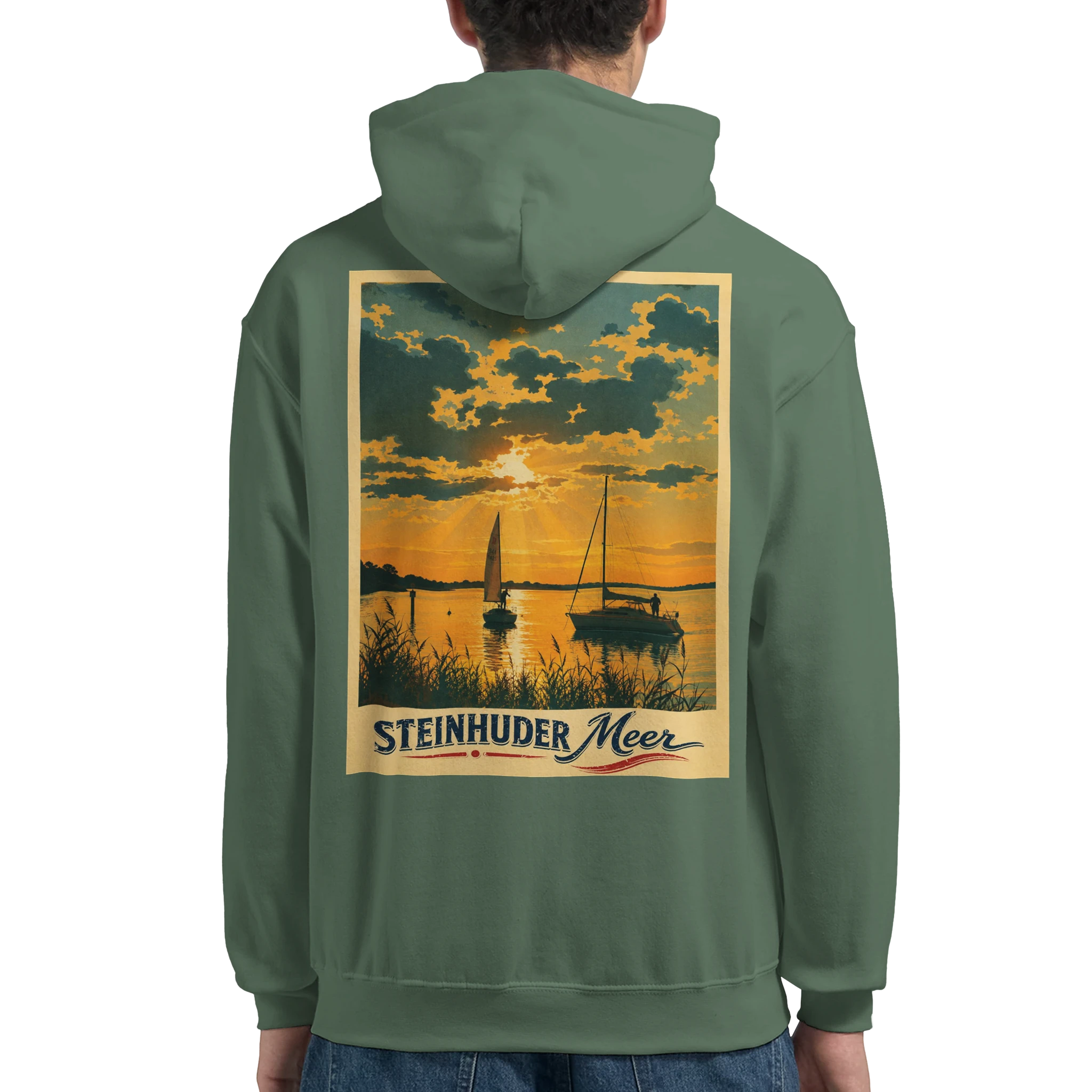 Hoodie in Weiß mit Motiv „Segler am Steinhuder Meer beim Sunset“