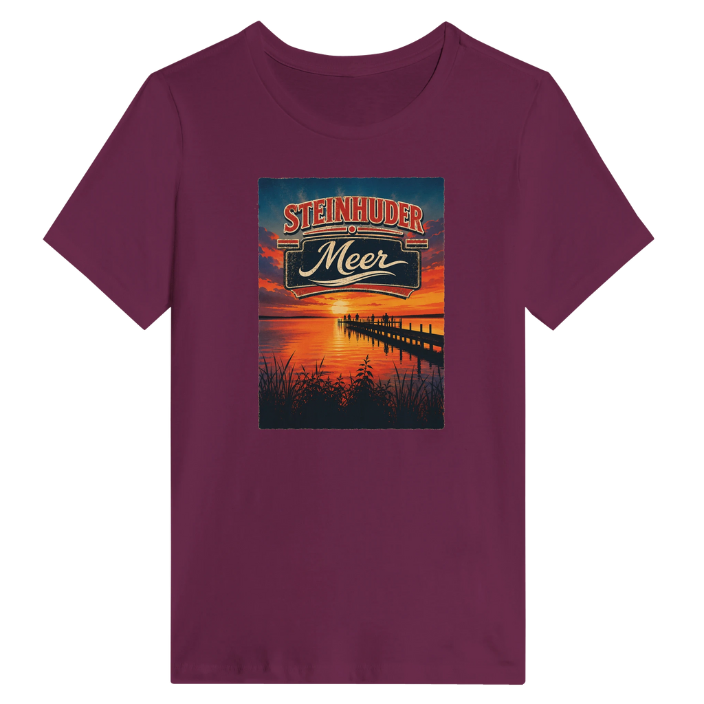 Damen-T-Shirt in Zitronengelb mit Motiv „Sunset Ratskeller Steg am Steinhuder Meer“
