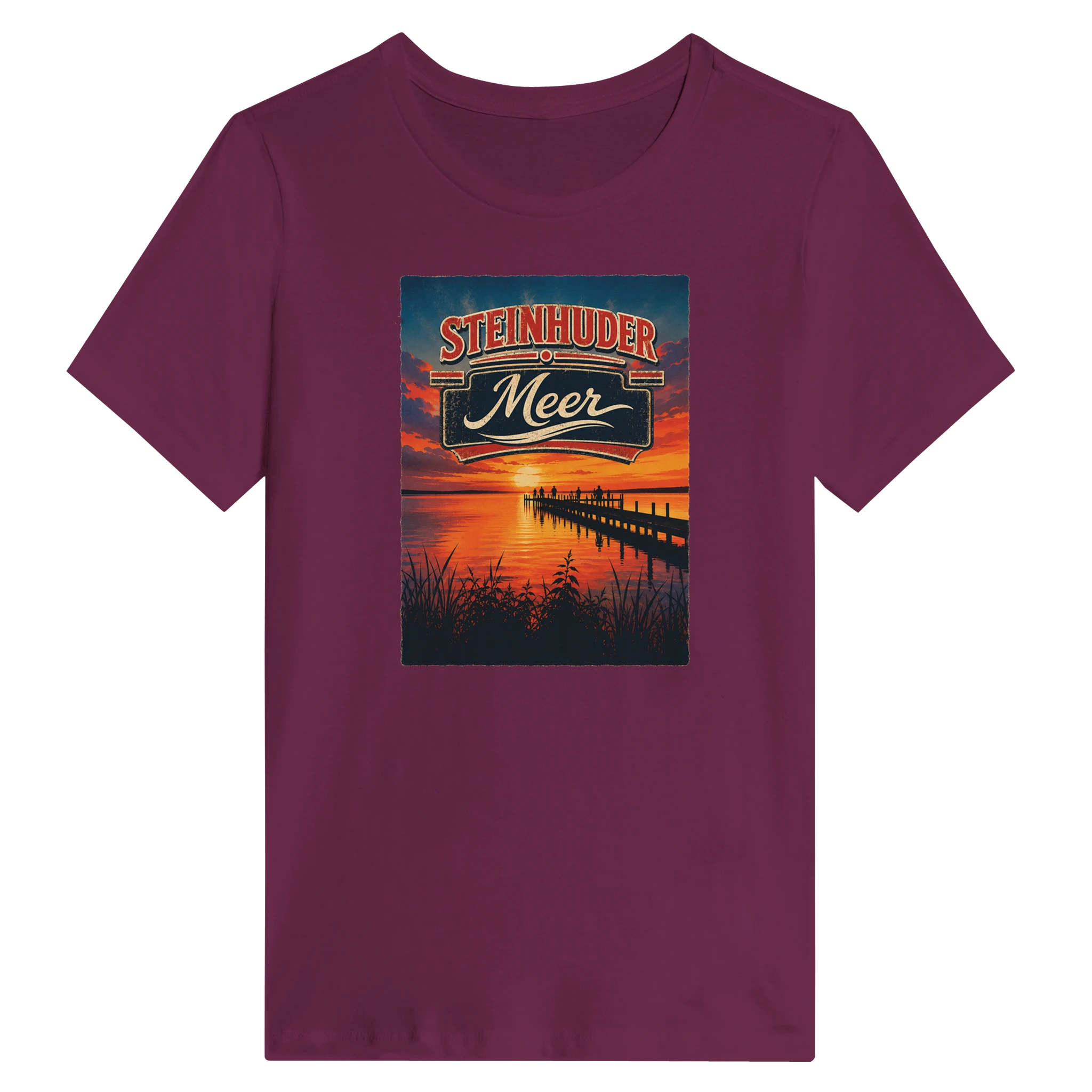 Damen-T-Shirt in Zitronengelb mit Motiv „Sunset Ratskeller Steg am Steinhuder Meer“