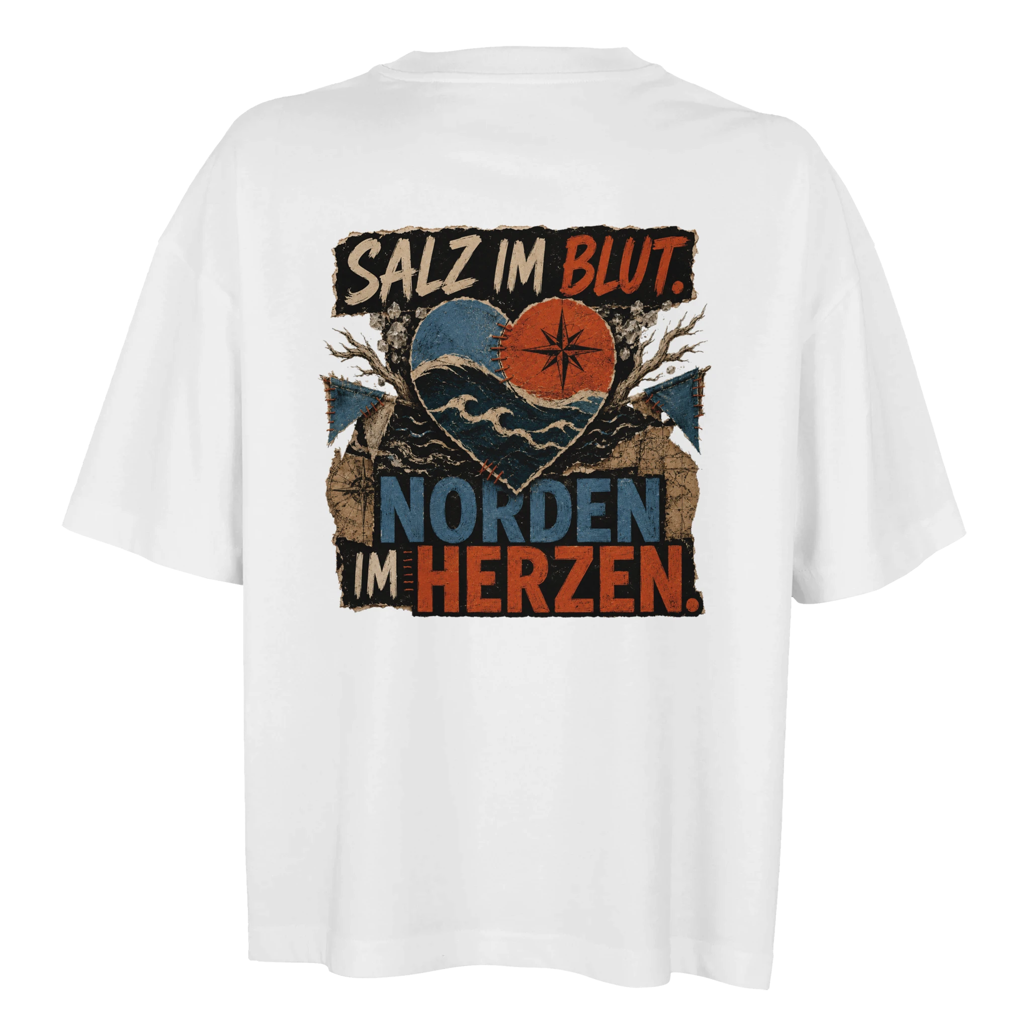 Damen-T-Shirt in Weiß mit Motiv „Salz im Blut. Norden im Herzen.“