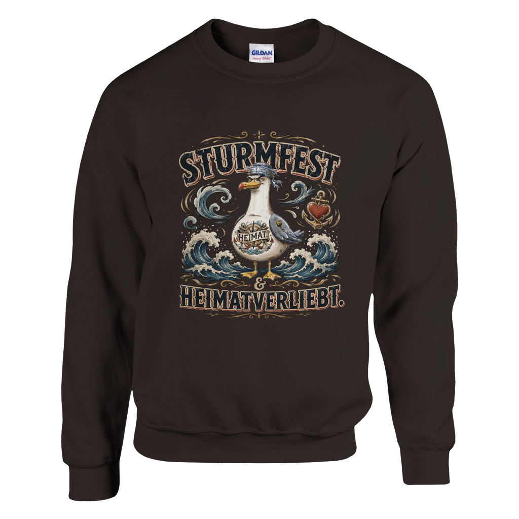 Pullover in Weiß mit Motiv „Sturmfest & Heimatverliebt Möwe“
